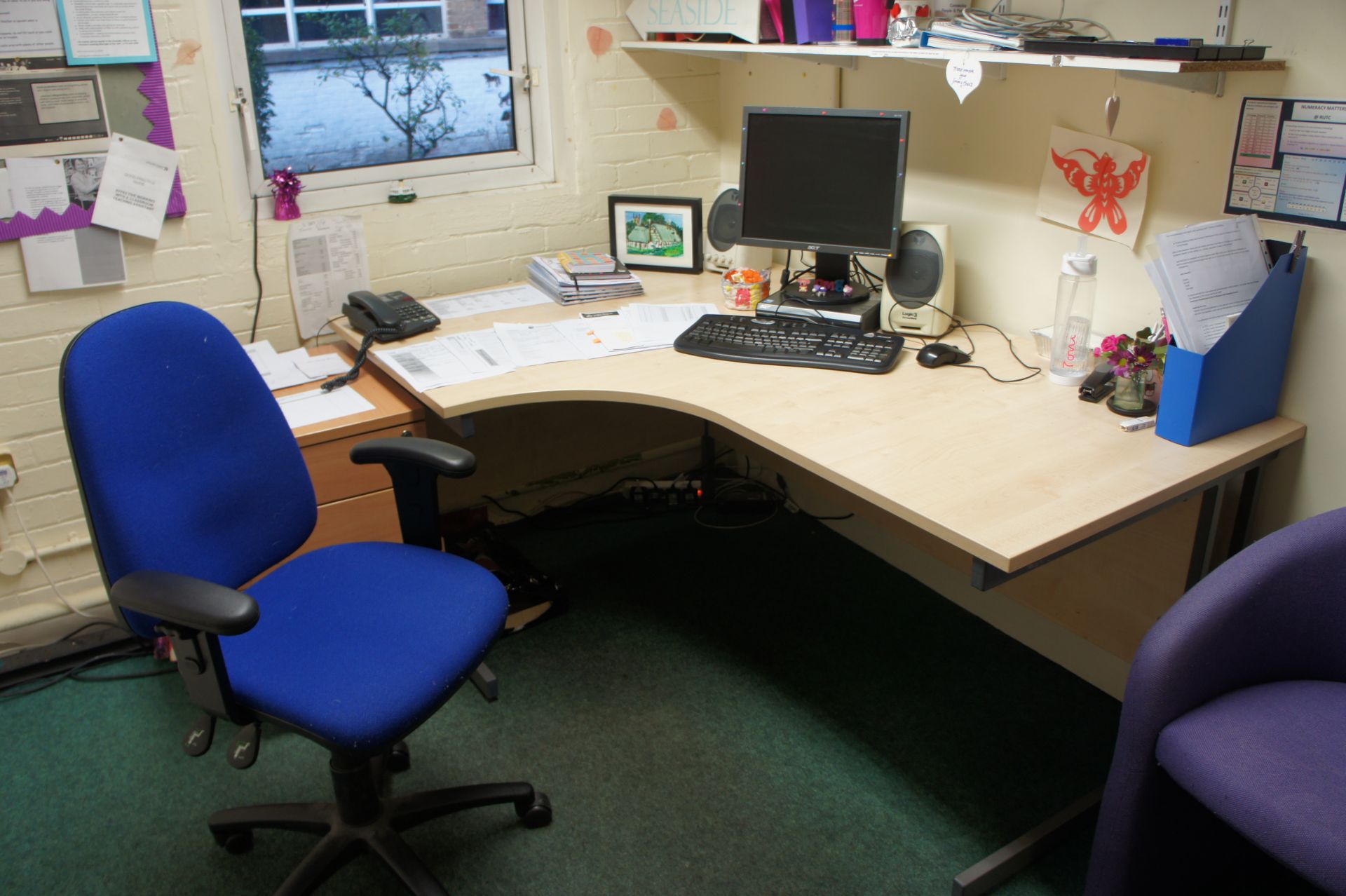 Contents of room comprising, cantilever desk, curve front desk, 3 x three drawer pedestals, three dr - Image 4 of 5