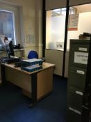 Contents of the office comprising, wave desk, 4 x filing cabinets, pedestal, Chubb safe, 2 x pedesta