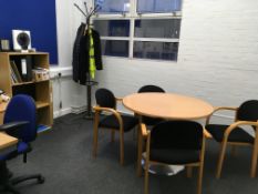 Contents of the office comprising, meeting table + 4 x chairs, desk, office chair, pedestal, bookcas