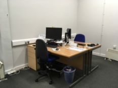 Contents of the secretary's office comprising, 2 x desks, 4 x pedestals, 2 x office chairs, cupboard