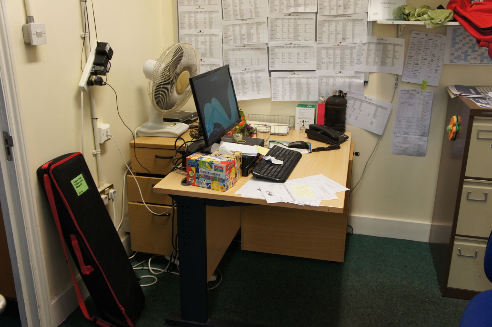 Contents of room comprising, cantilever desk, curve front desk, 3 x three drawer pedestals, three dr