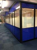 Demountable three sided partition wall with mild steel frame and polycarbonate and glazed insert pan
