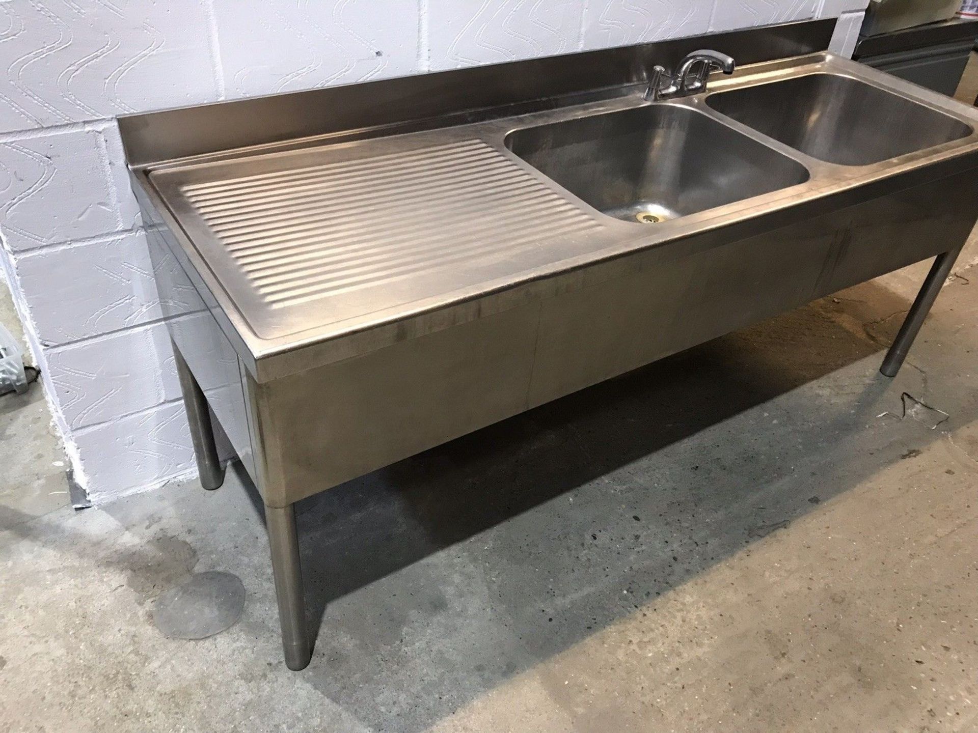 Stainless Steel Double Bowl Sink with Lefthand Drainer Upstand and Shelf