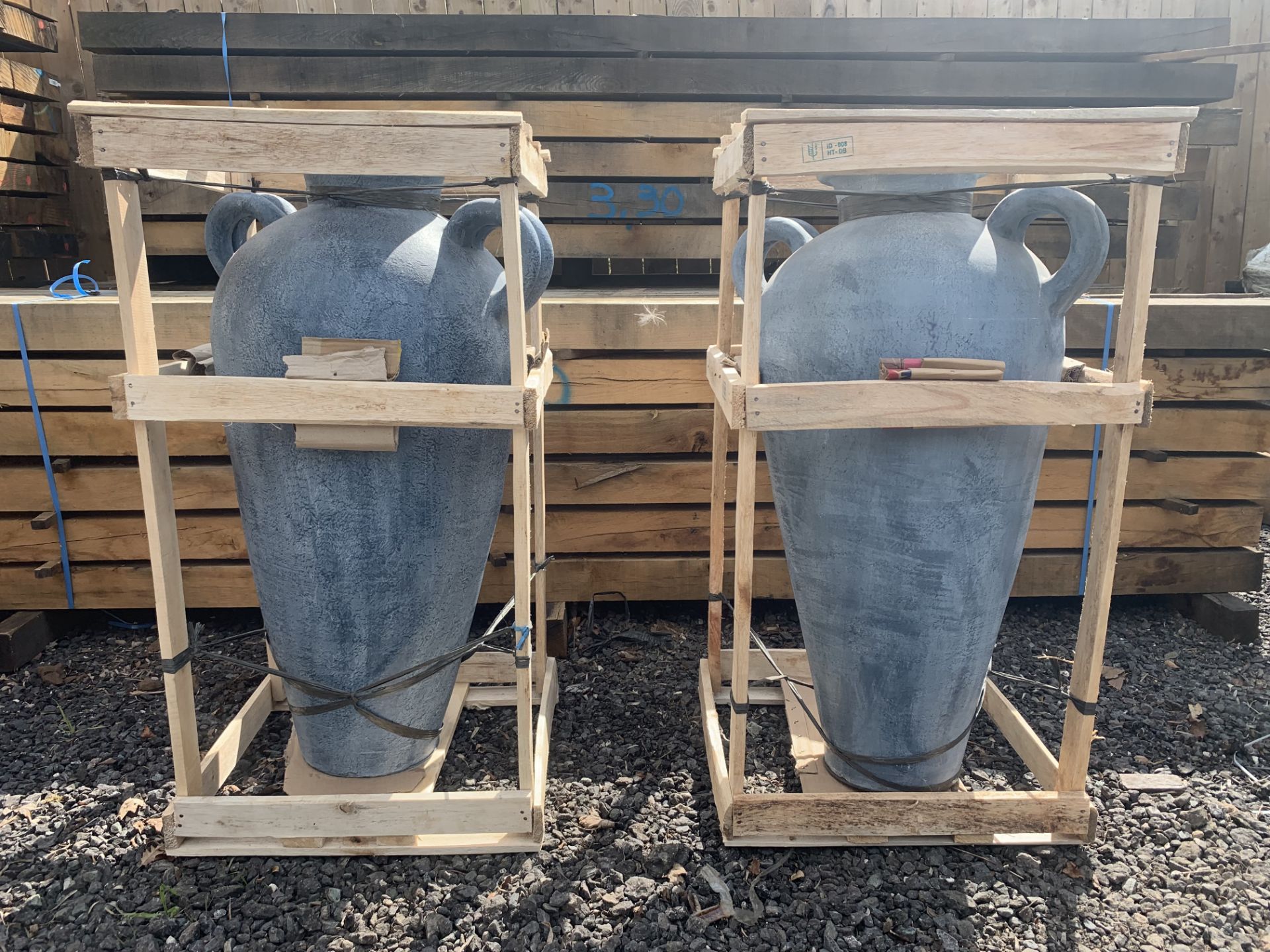 MASSIVE PAIR OF CRATED TERRACOTTA URNS 1.1M HIGH