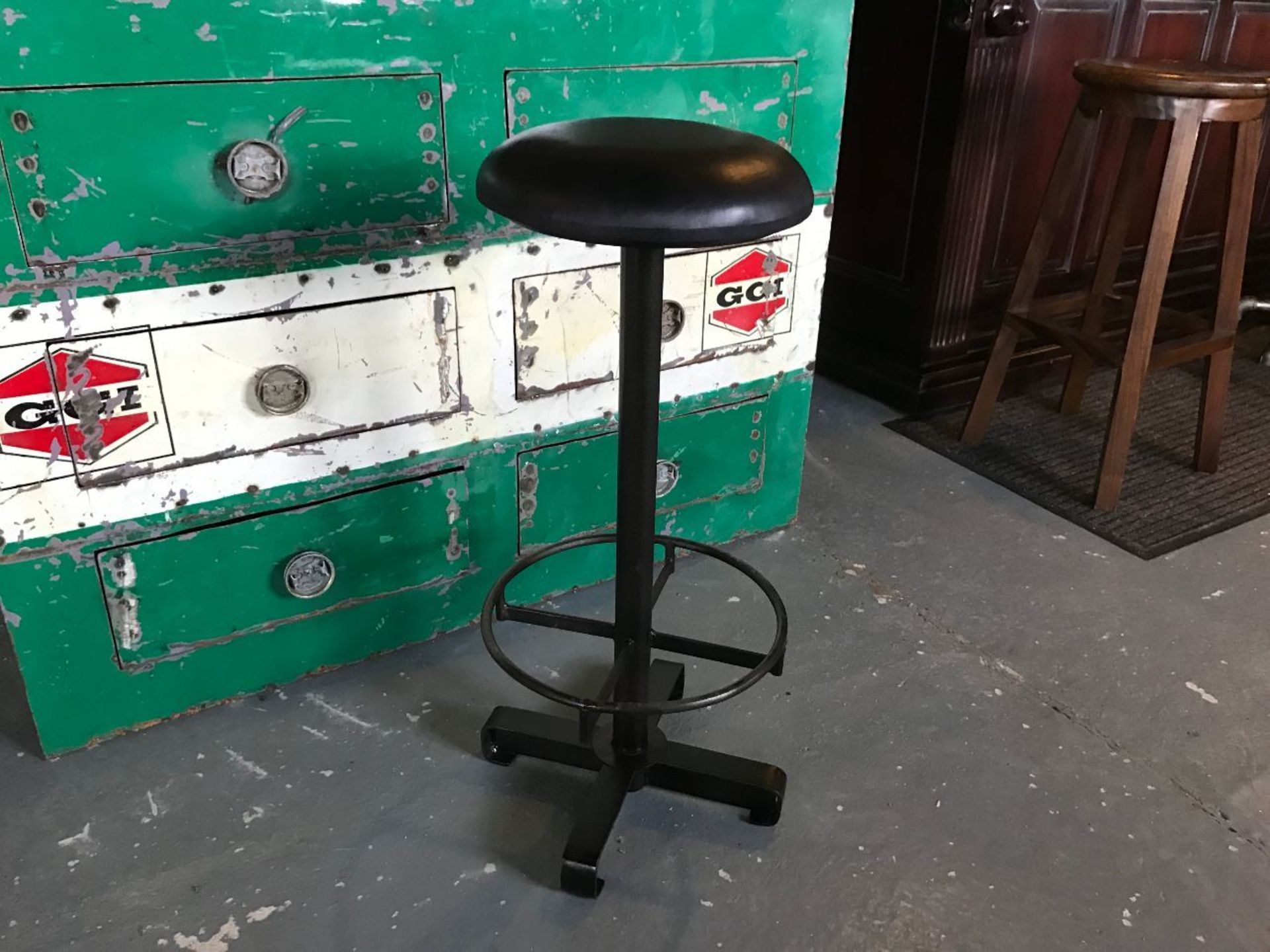 BOXED NEW BROWN BLACK LEATHER INDUSTRIAL BAR STOOL