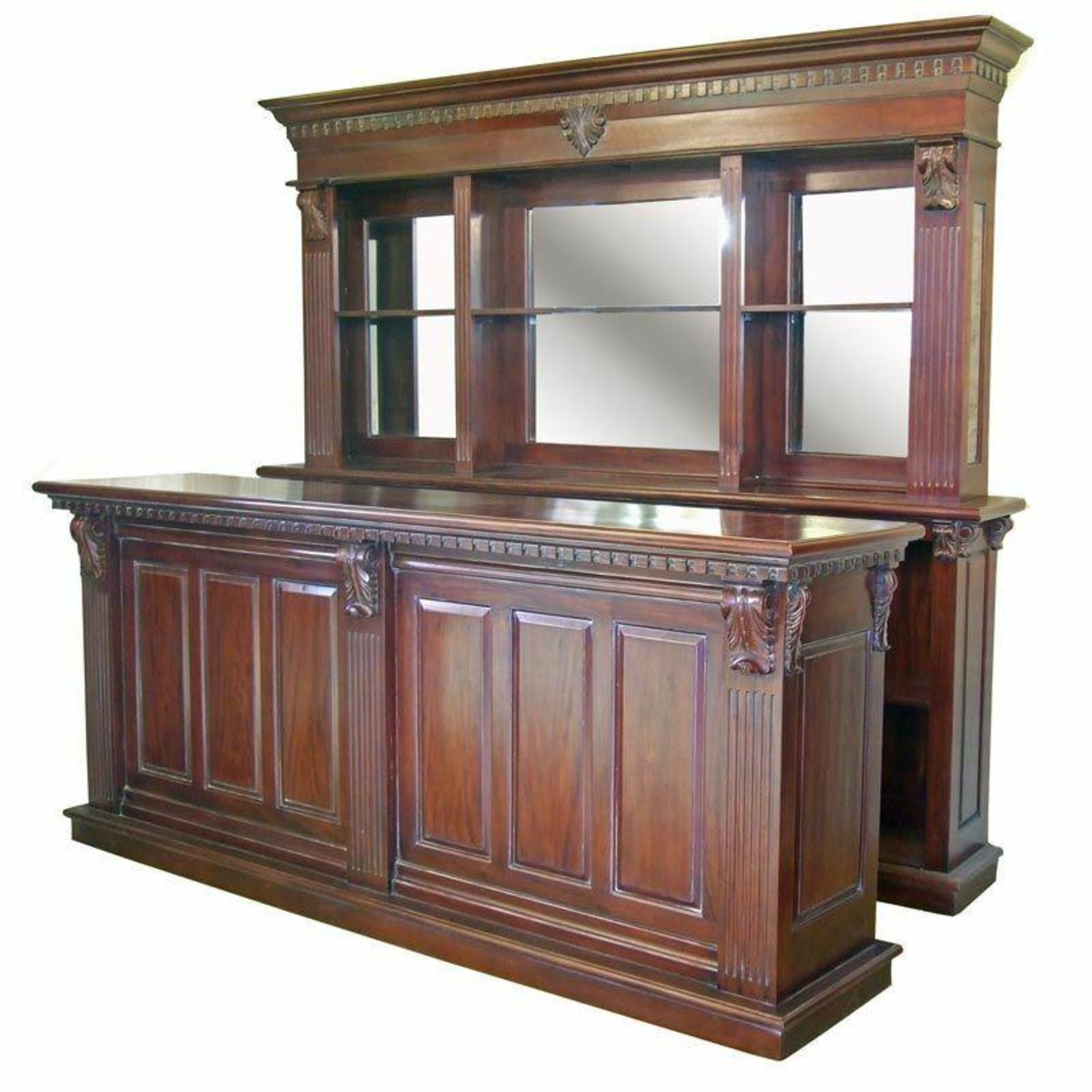 NEW PACKAGED 2.6M SOLID MAHOGANY FRONT BAR AND BACK BAR FULLY SHELVED/MIRRORED