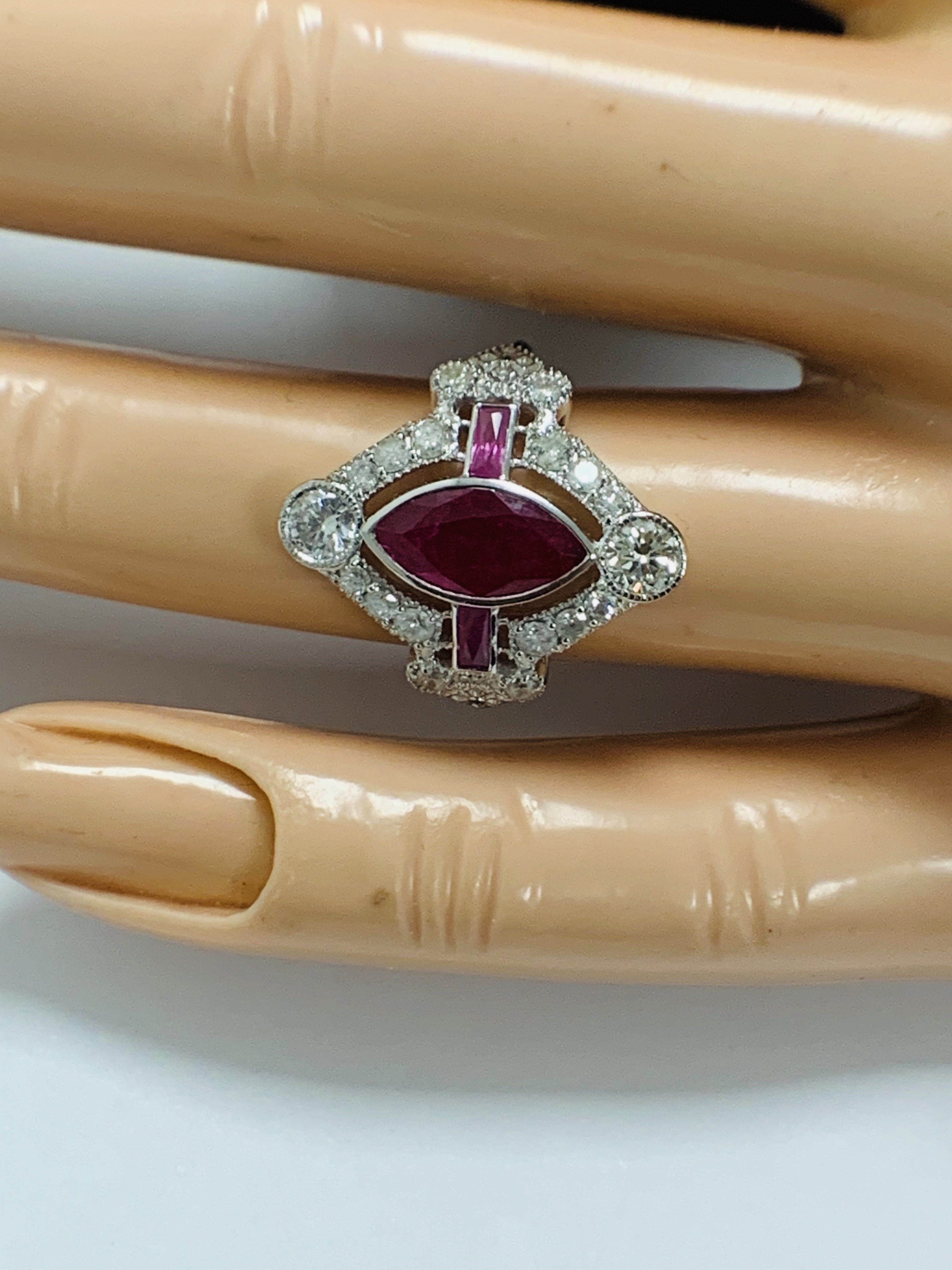 18ct White Gold Ruby and Diamond ring featuring centre, marquise cut, Natural Ruby (1.34ct), claaw s - Image 11 of 13