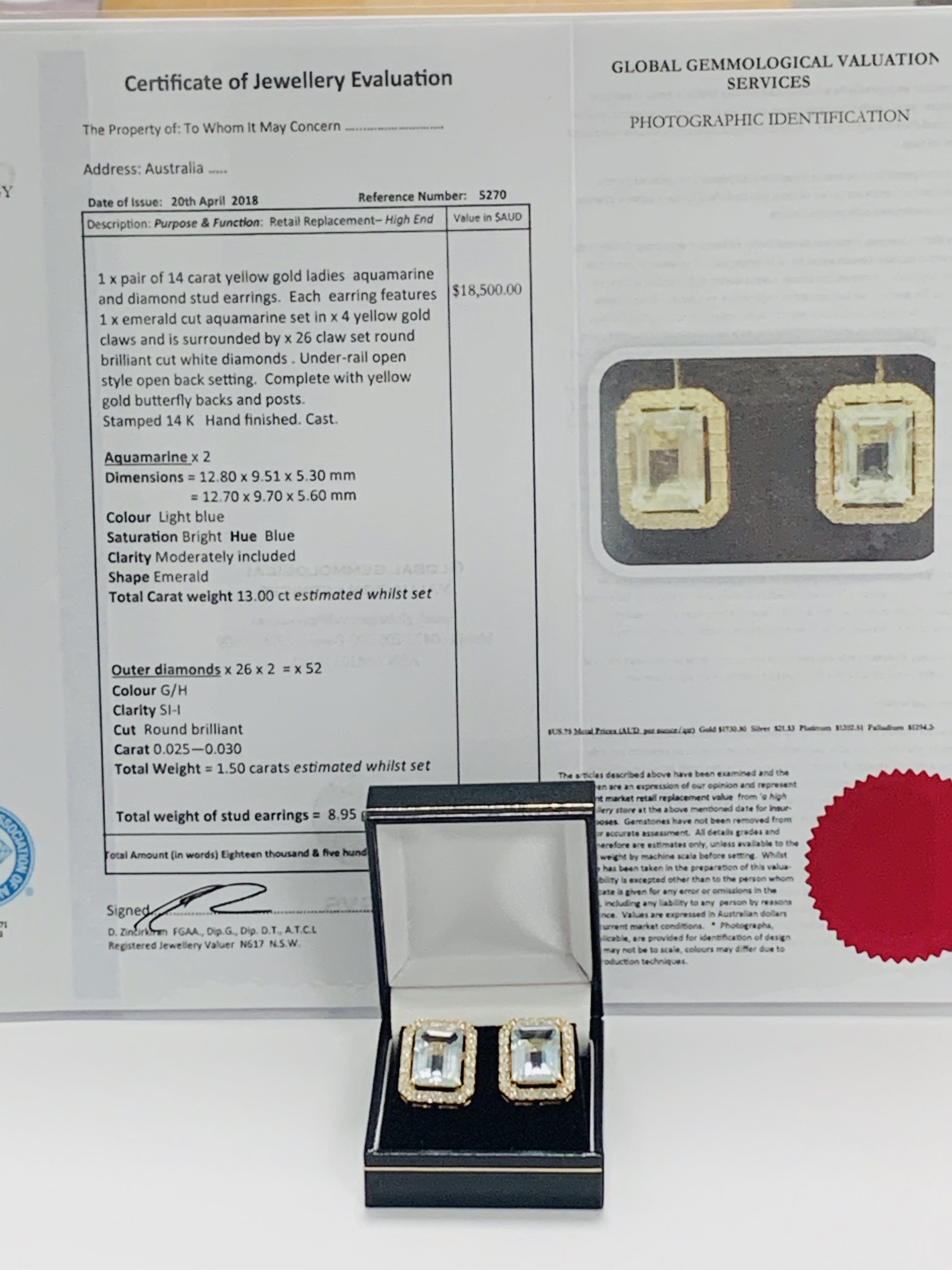 14ct Yellow Gold Aqumarine and Diamond stud earrings featuring, 2 emerald cut Aquamarines (13.00ct T - Image 12 of 12