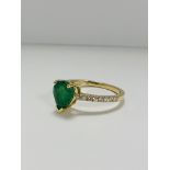 14ct Yellow Gold Emerald and Diamond ring featuring centre, pear cut, medium green Emerald (1.23ct),