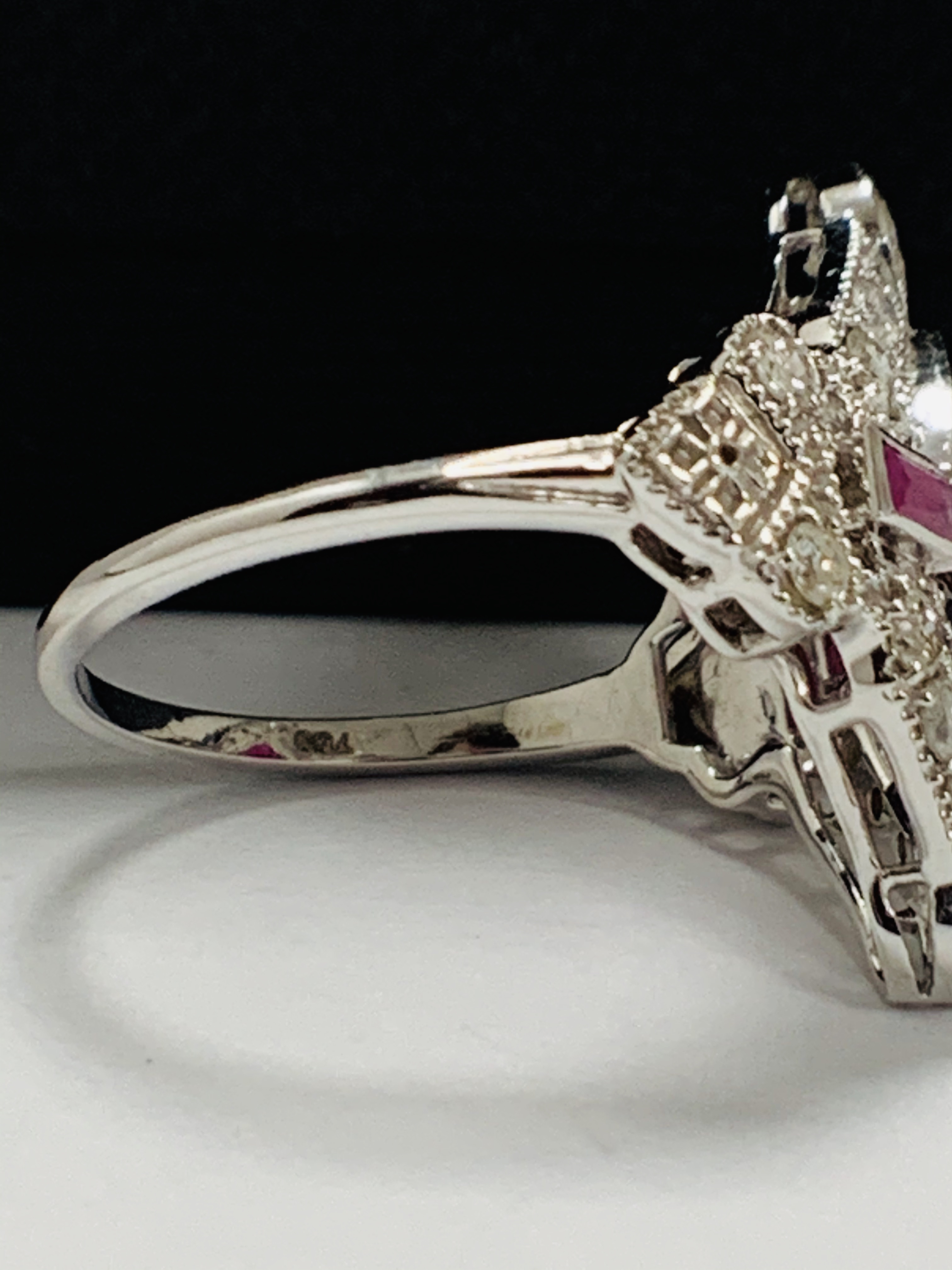 18ct White Gold Ruby and Diamond ring featuring centre, marquise cut, Natural Ruby (1.34ct), claaw s - Image 7 of 13