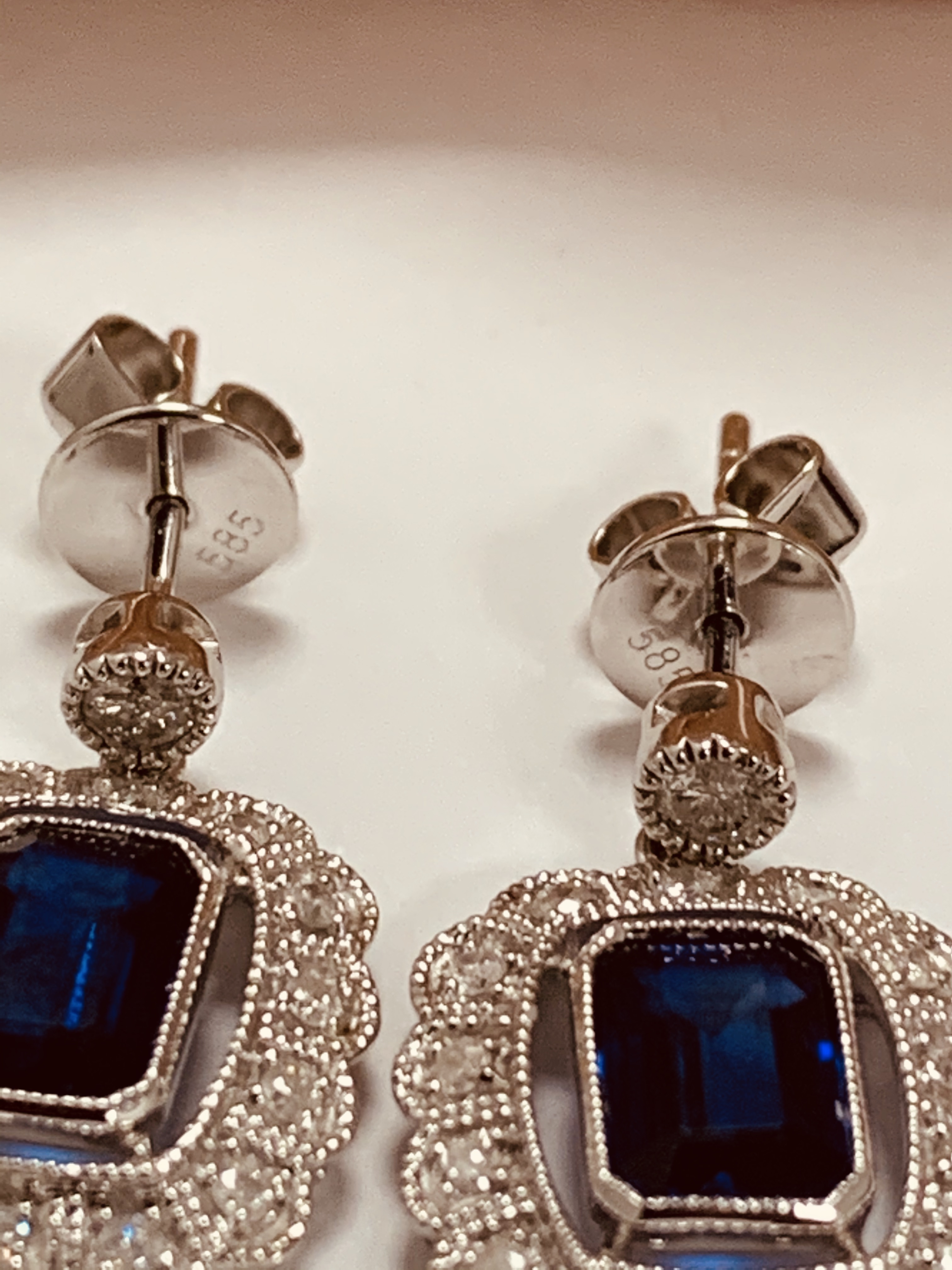 14ct White Gold Sapphire and Diamond earrings featuring, 2 cushion cut, blue Sapphires (2.24ct TSW), - Image 11 of 13