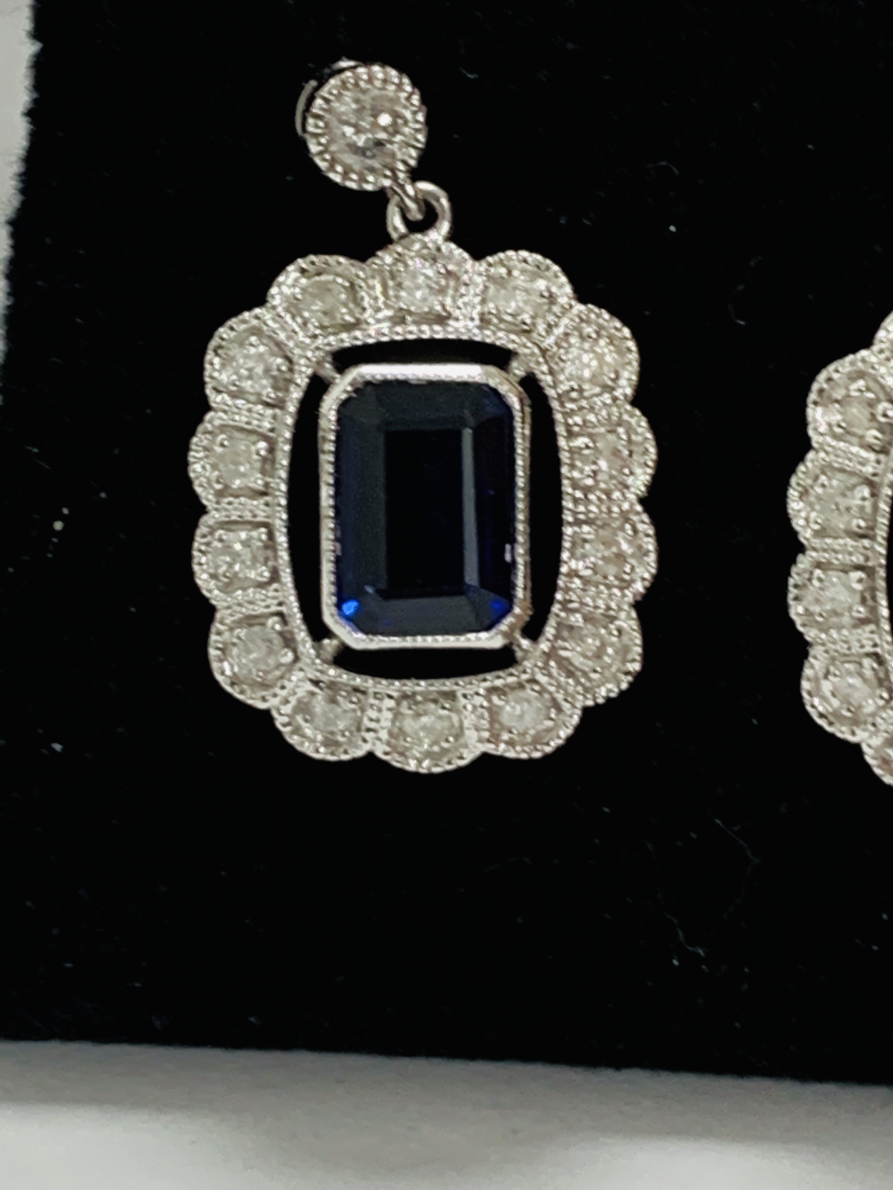 14ct White Gold Sapphire and Diamond earrings featuring, 2 cushion cut, blue Sapphires (2.24ct TSW), - Image 9 of 13