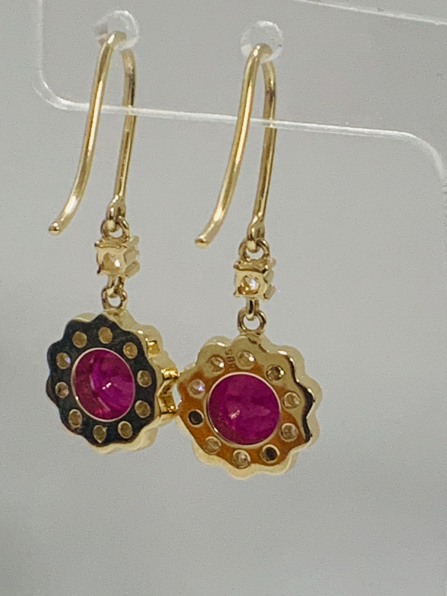 14ct Yellow Gold Ruby and Diamond earrings featuring, 2 round cut, red Rubies (2.22ct TSW) - Image 6 of 8