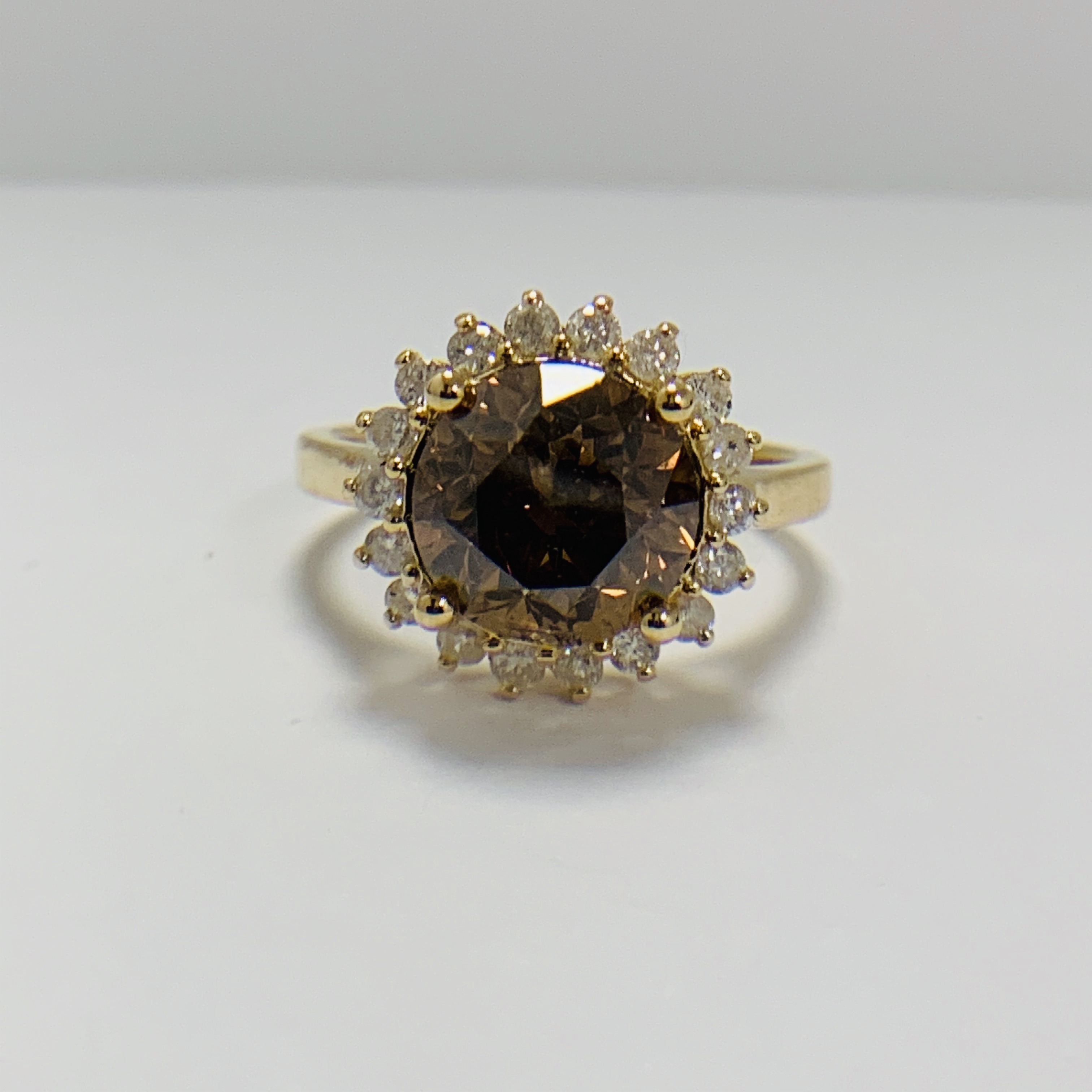 14ct Yellow Gold Diamond ring featuring centre, round brilliant cut, cognac Diamond (3.10ct), claw s