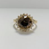 14ct Yellow Gold Diamond ring featuring centre, round brilliant cut, cognac Diamond (3.10ct), claw s