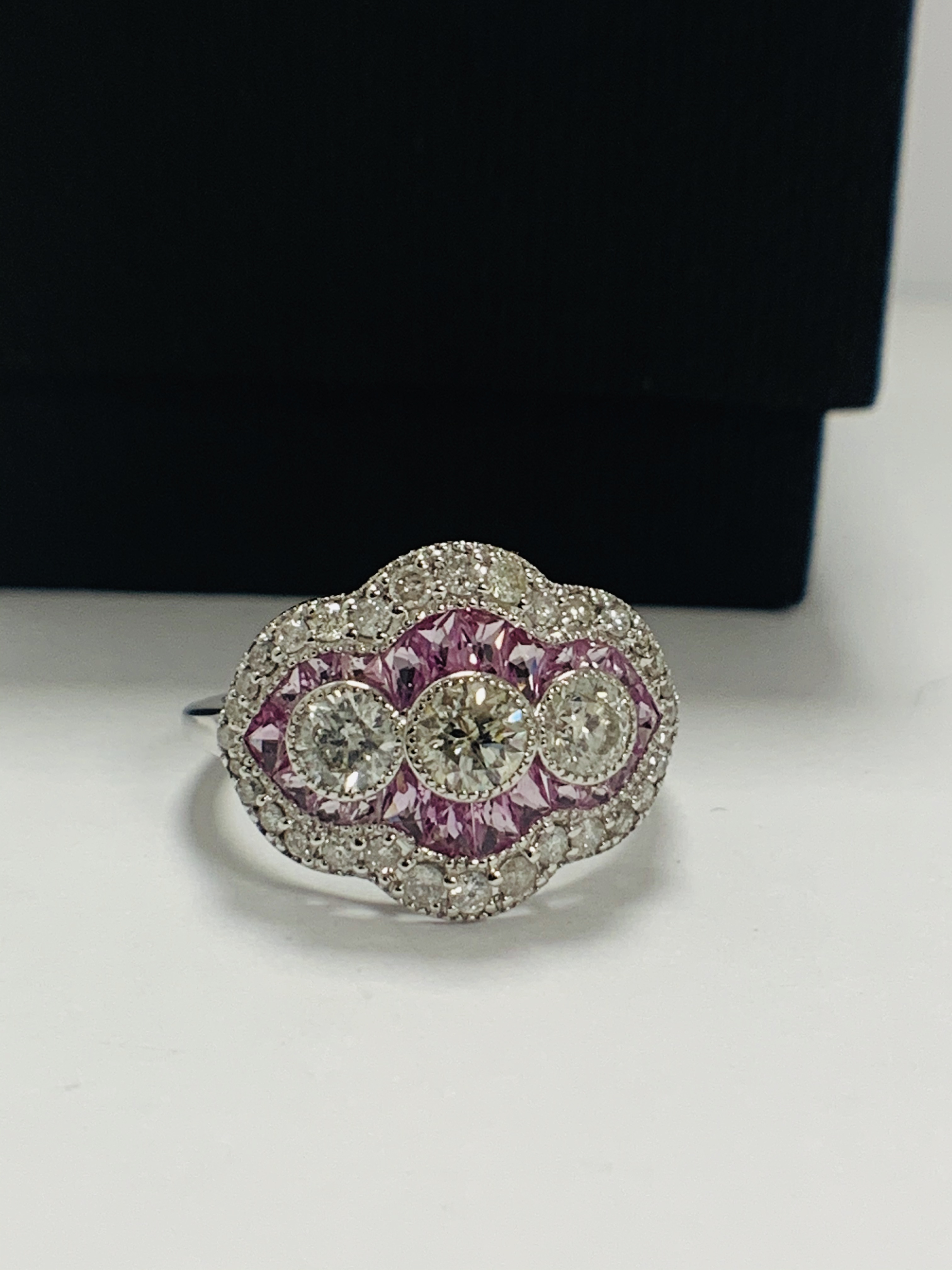 18ct White Gold Sapphire and Diamond ring featuring centre, 3 round brilliant cut Diamonds (0.50ct), - Image 8 of 11
