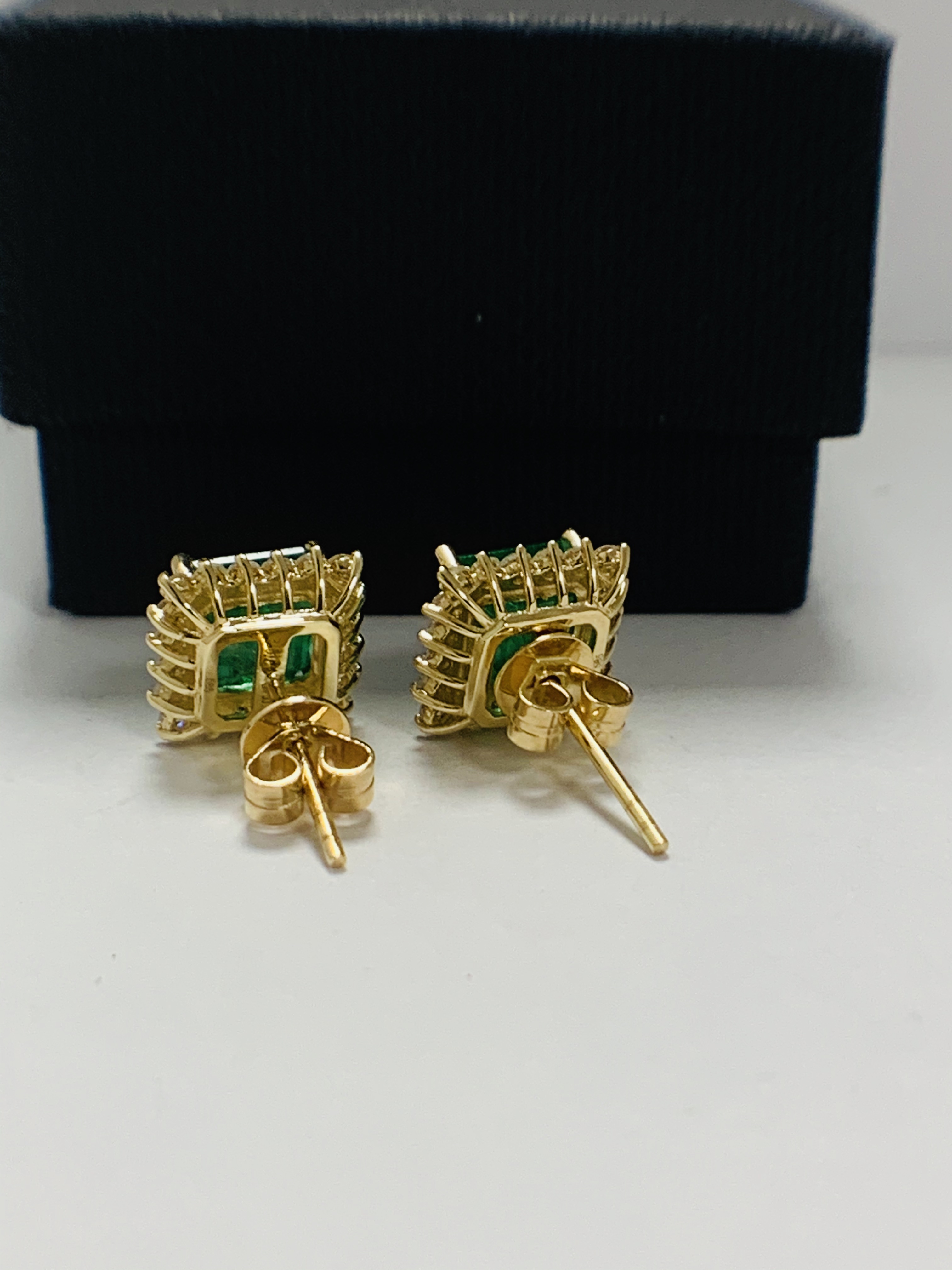 14ct Yellow Gold emerald and Diamond earrings featuring centre, 2 square cut Emeralds (3.51ct TSW), - Image 4 of 13