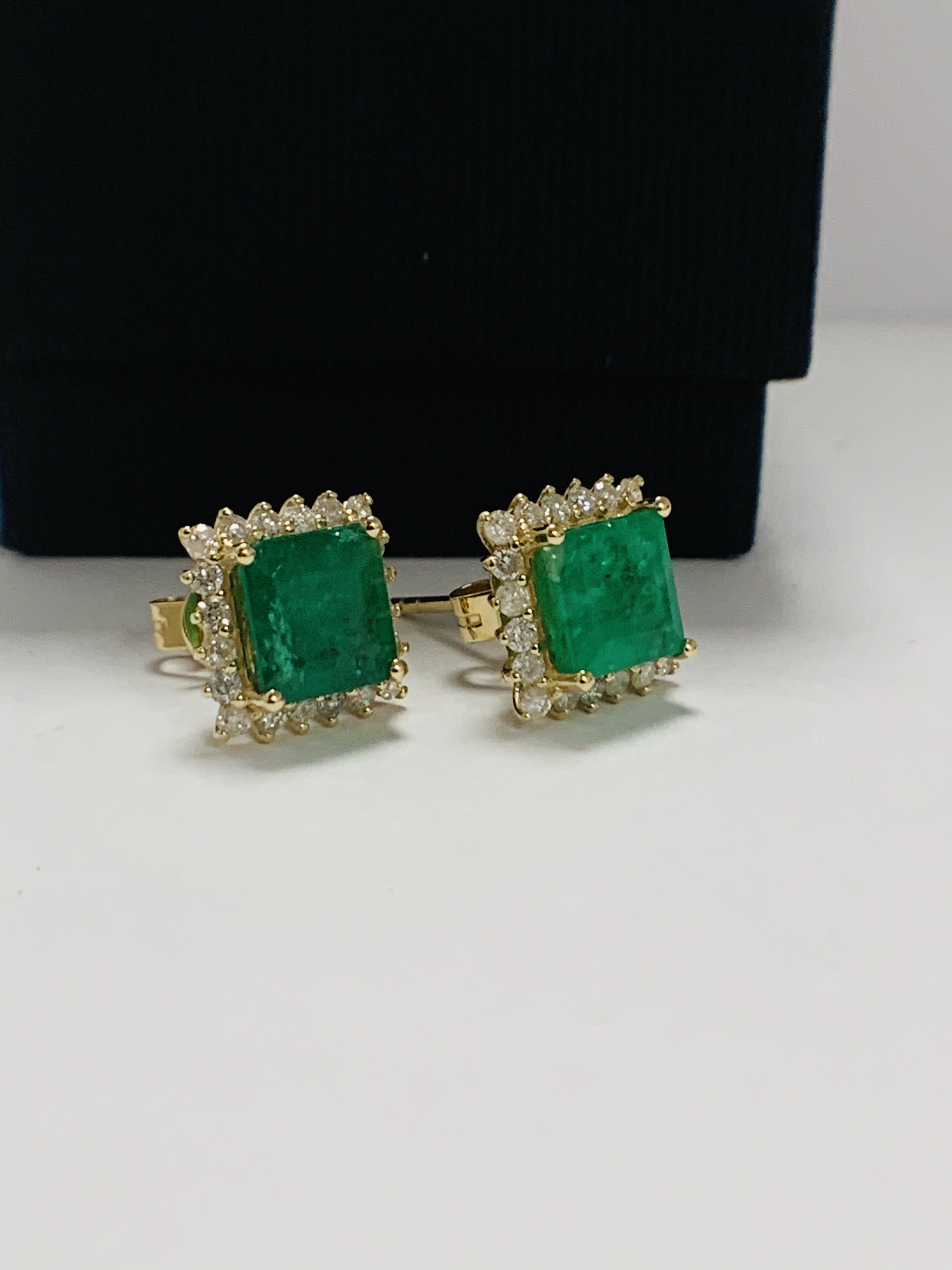 14ct Yellow Gold emerald and Diamond earrings featuring centre, 2 square cut Emeralds (3.51ct TSW), - Image 6 of 13