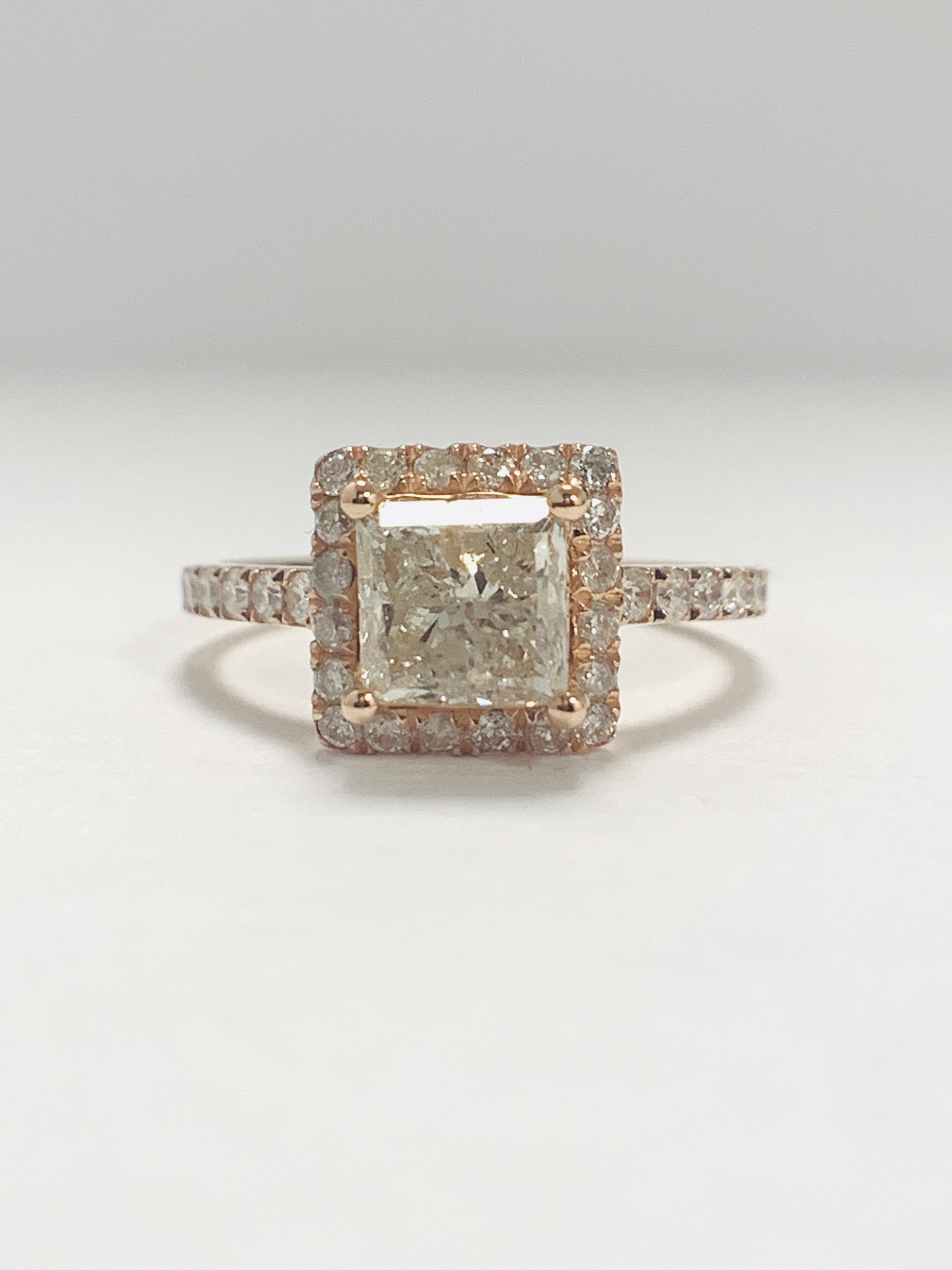 14ct Rose Gold Diamond ring featuring centre, princess cut Diamond (1.30ct)