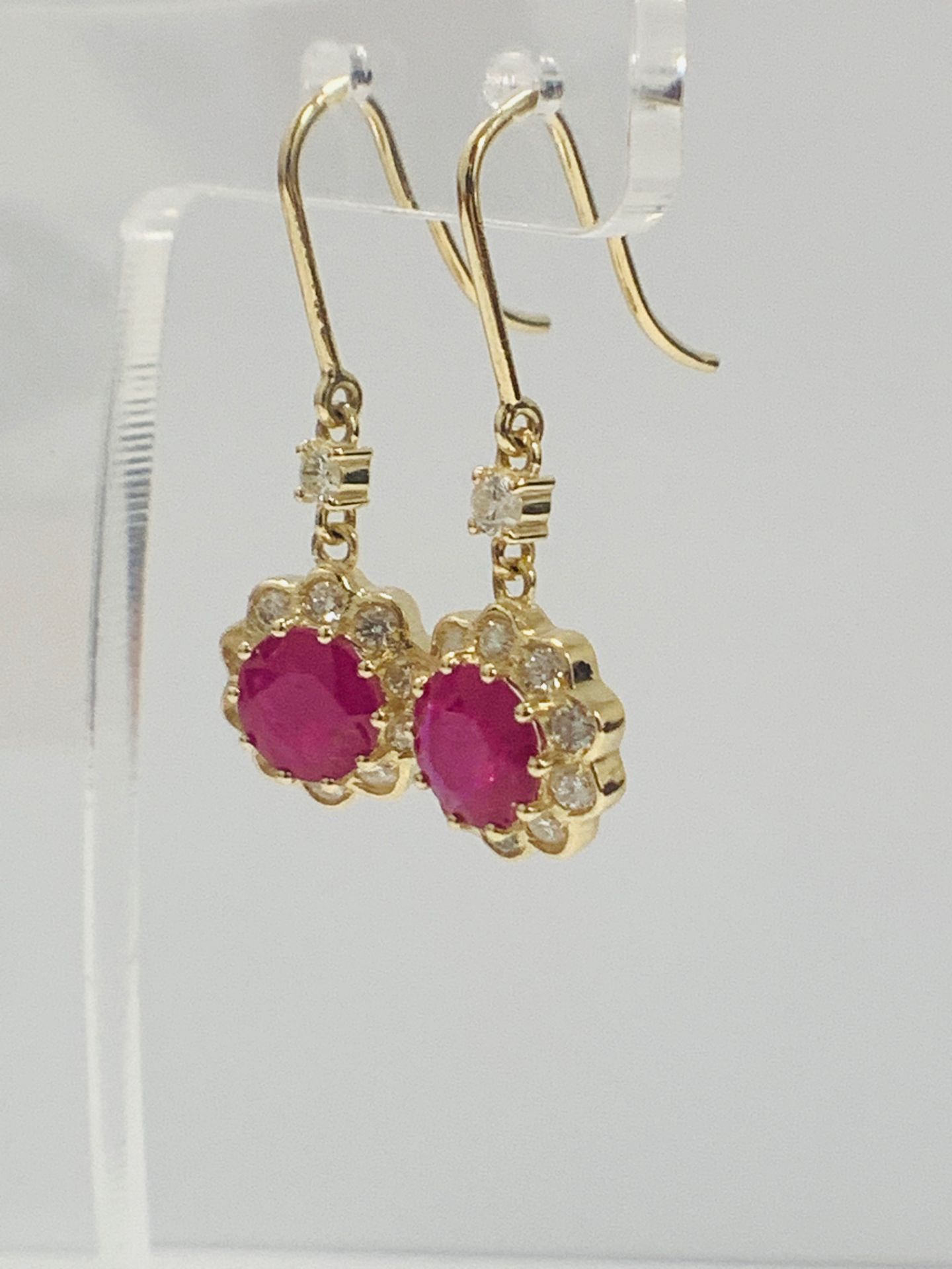 14ct Yellow Gold Ruby and Diamond earrings featuring, 2 round cut, red Rubies (2.22ct TSW) - Image 5 of 8