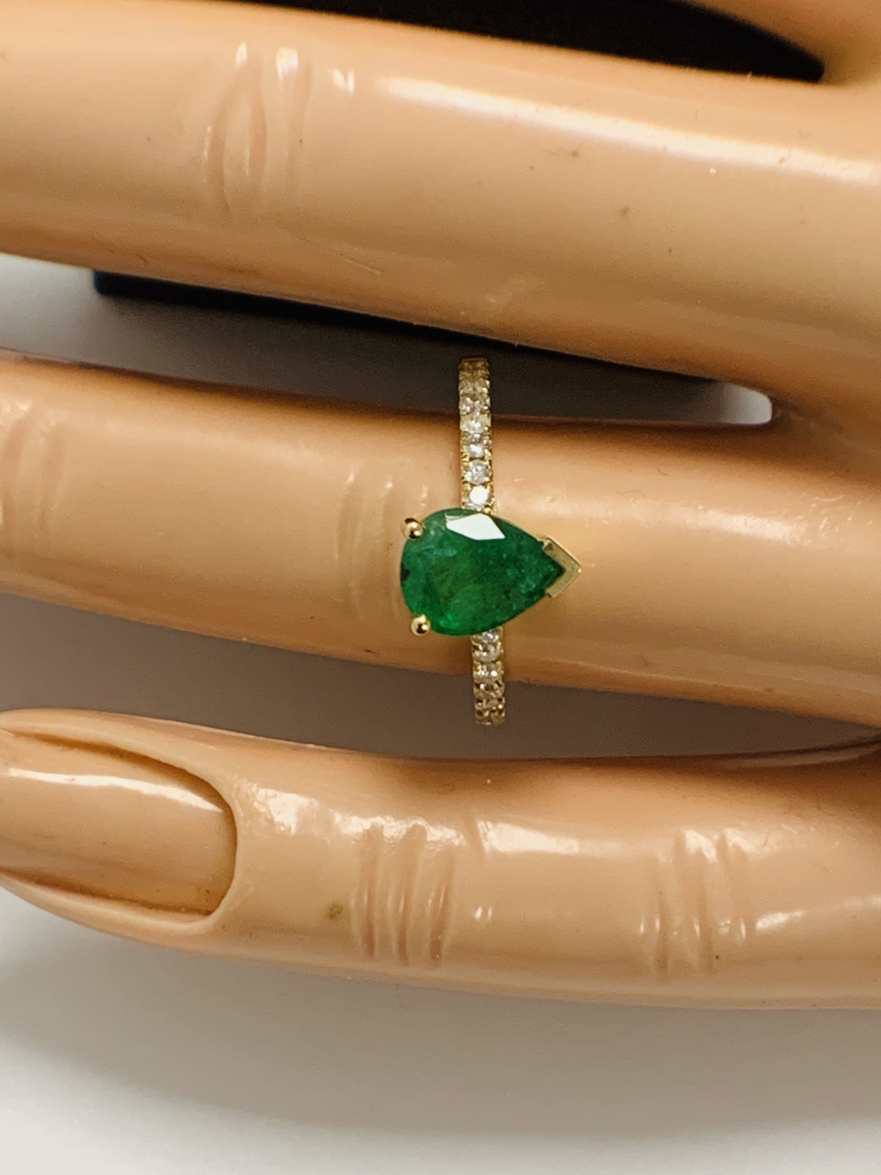 14ct Yellow Gold Emerald and Diamond ring featuring centre, pear cut, medium green Emerald (1.23ct), - Image 8 of 10