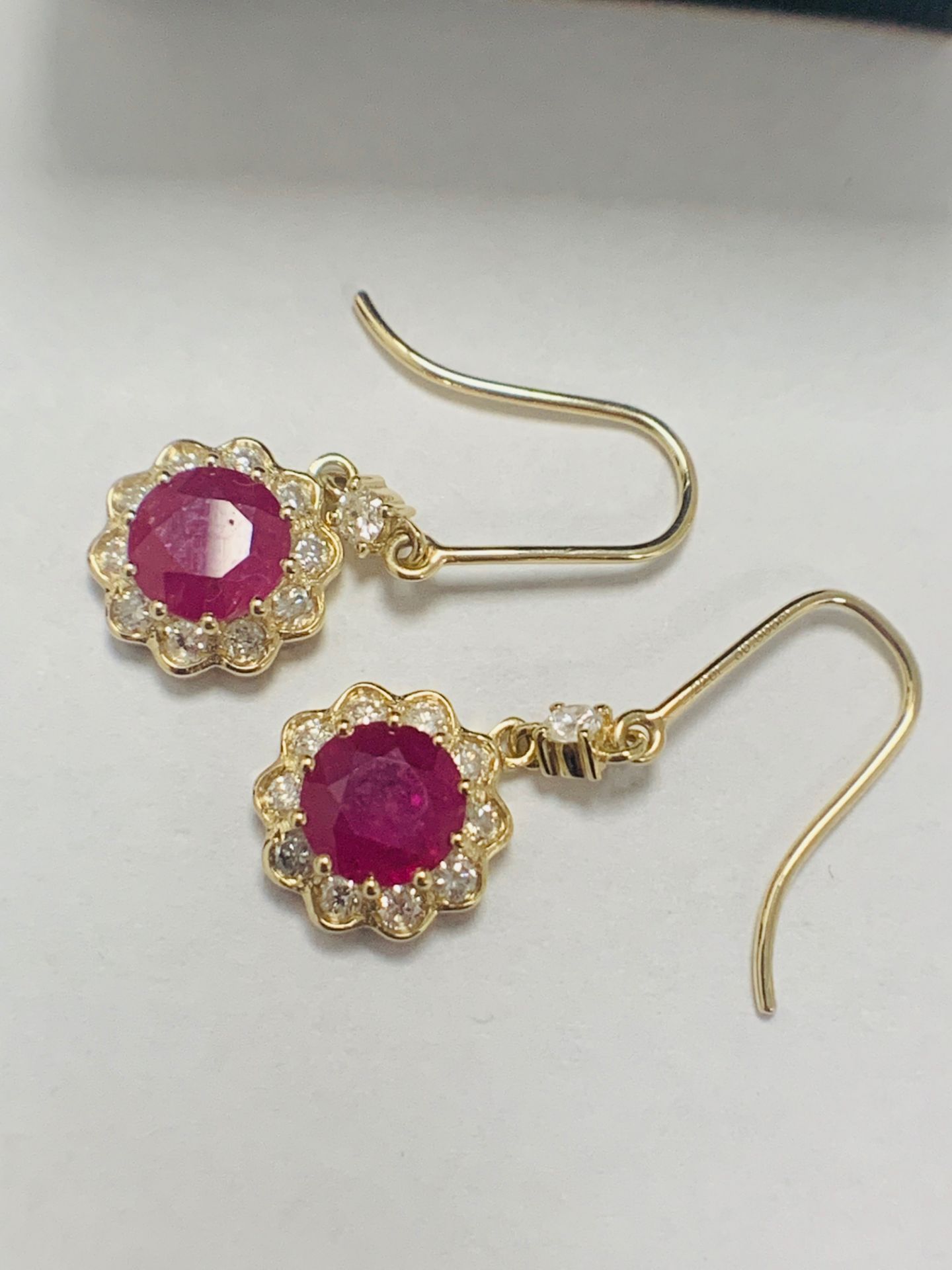 14ct Yellow Gold Ruby and Diamond earrings featuring, 2 round cut, red Rubies (2.22ct TSW) - Image 3 of 8