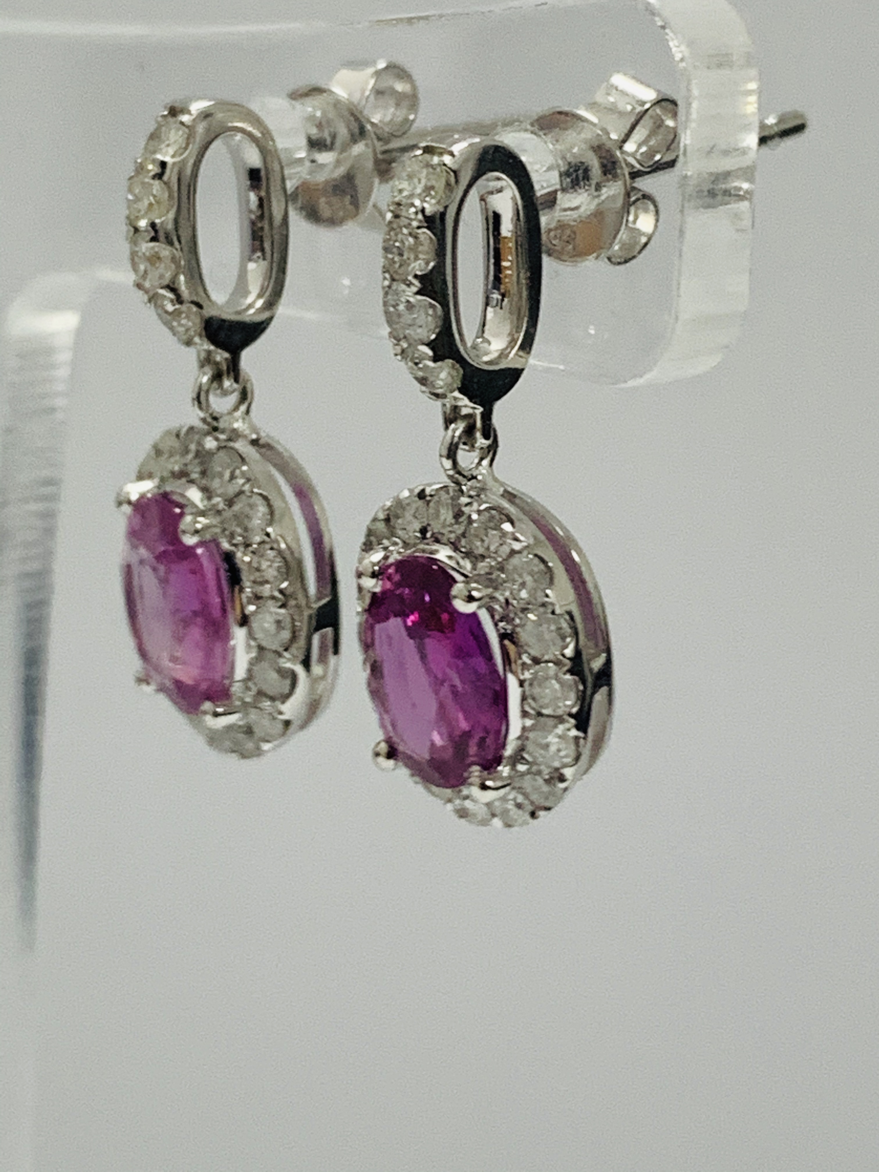 14ct White Gold Sapphire and Diamond drop earrings featuring, 2 oval cut, pink Sapphires (1.66ct TSW - Image 8 of 9