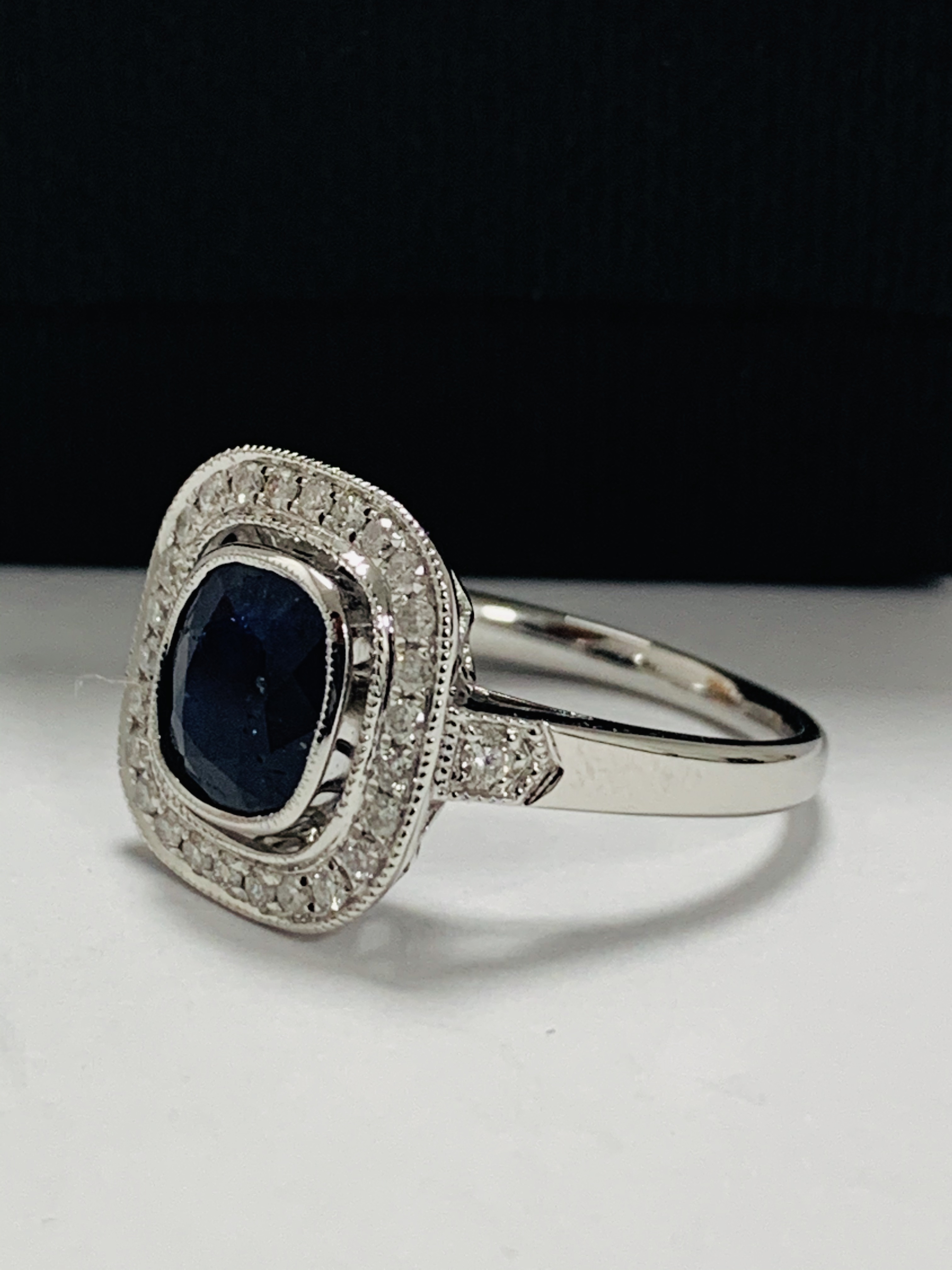 18ct White Gold Sapphire and Diamond ring featuring centre, cushion cut, natural Kashmir Sapphire (2 - Image 2 of 12