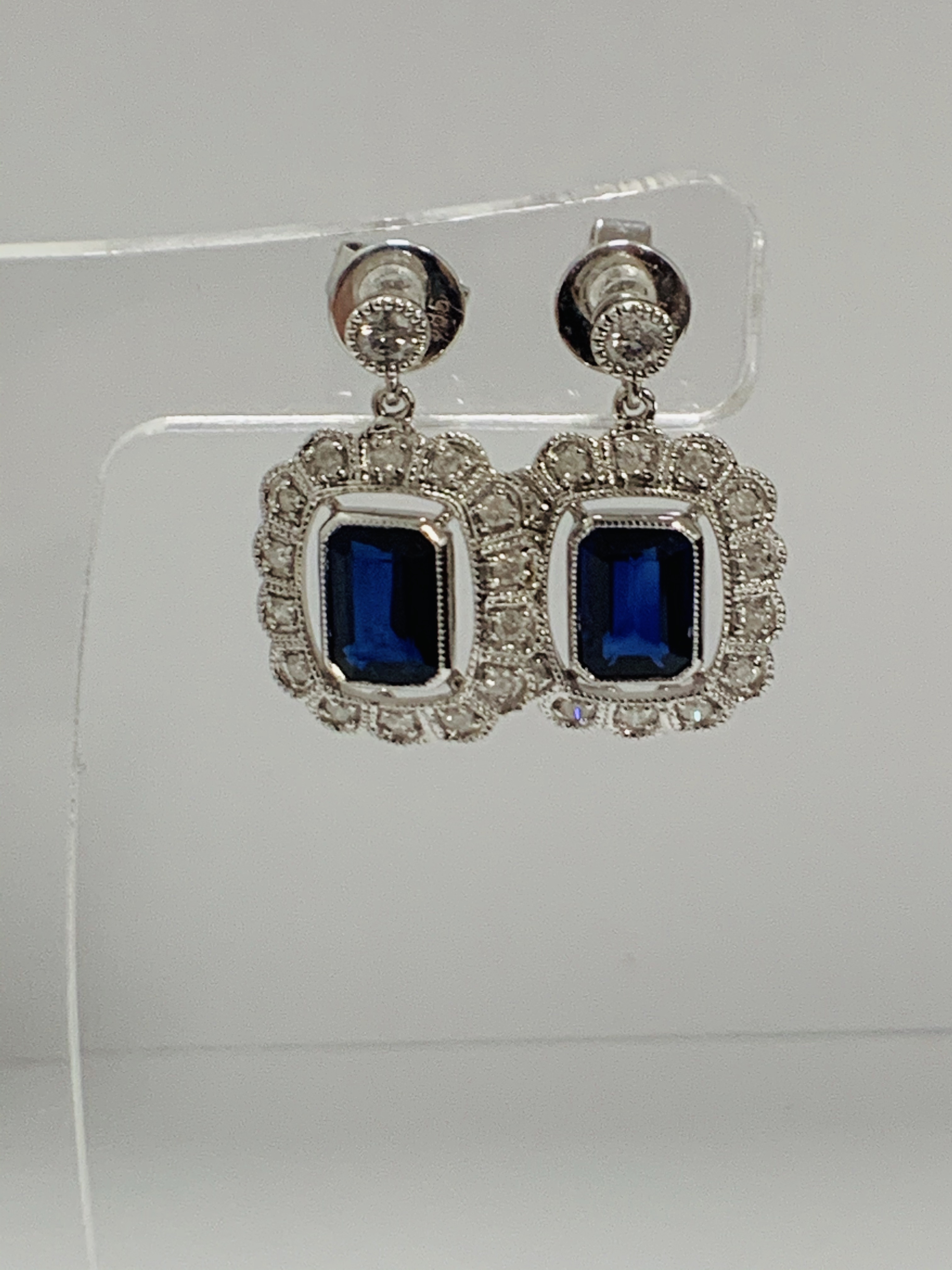 14ct White Gold Sapphire and Diamond earrings featuring, 2 cushion cut, blue Sapphires (2.24ct TSW), - Image 4 of 13