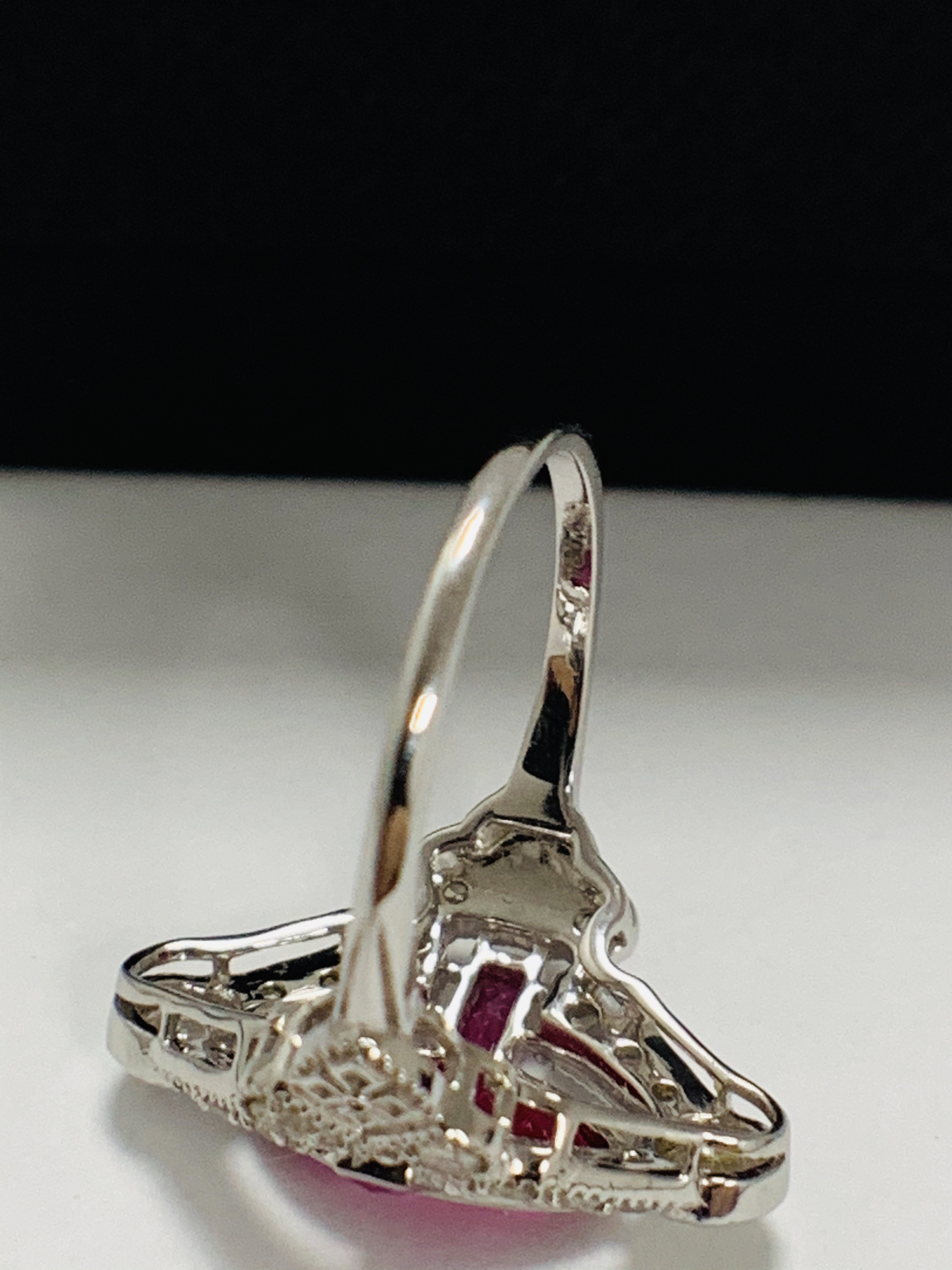 18ct White Gold Ruby and Diamond ring featuring centre, marquise cut, Natural Ruby (1.34ct), claaw s - Image 8 of 13