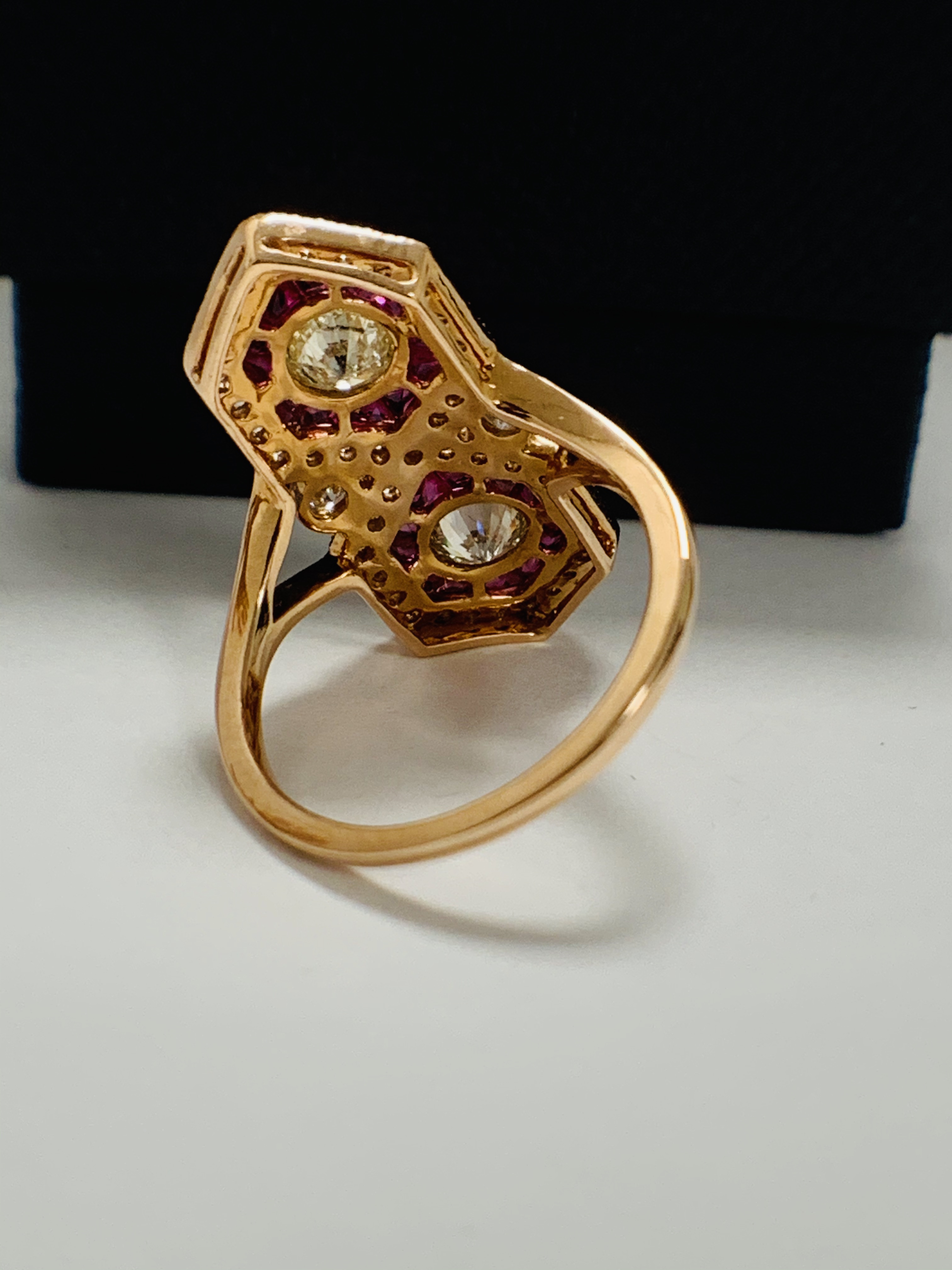 14ct Rose Gold Ruby and Diamond ring featuring centre, 2 round brilliant cut Diamonds (0.67ct), beze - Image 5 of 10