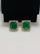 14ct Yellow Gold emerald and Diamond earrings featuring centre, 2 square cut Emeralds (3.51ct TSW),