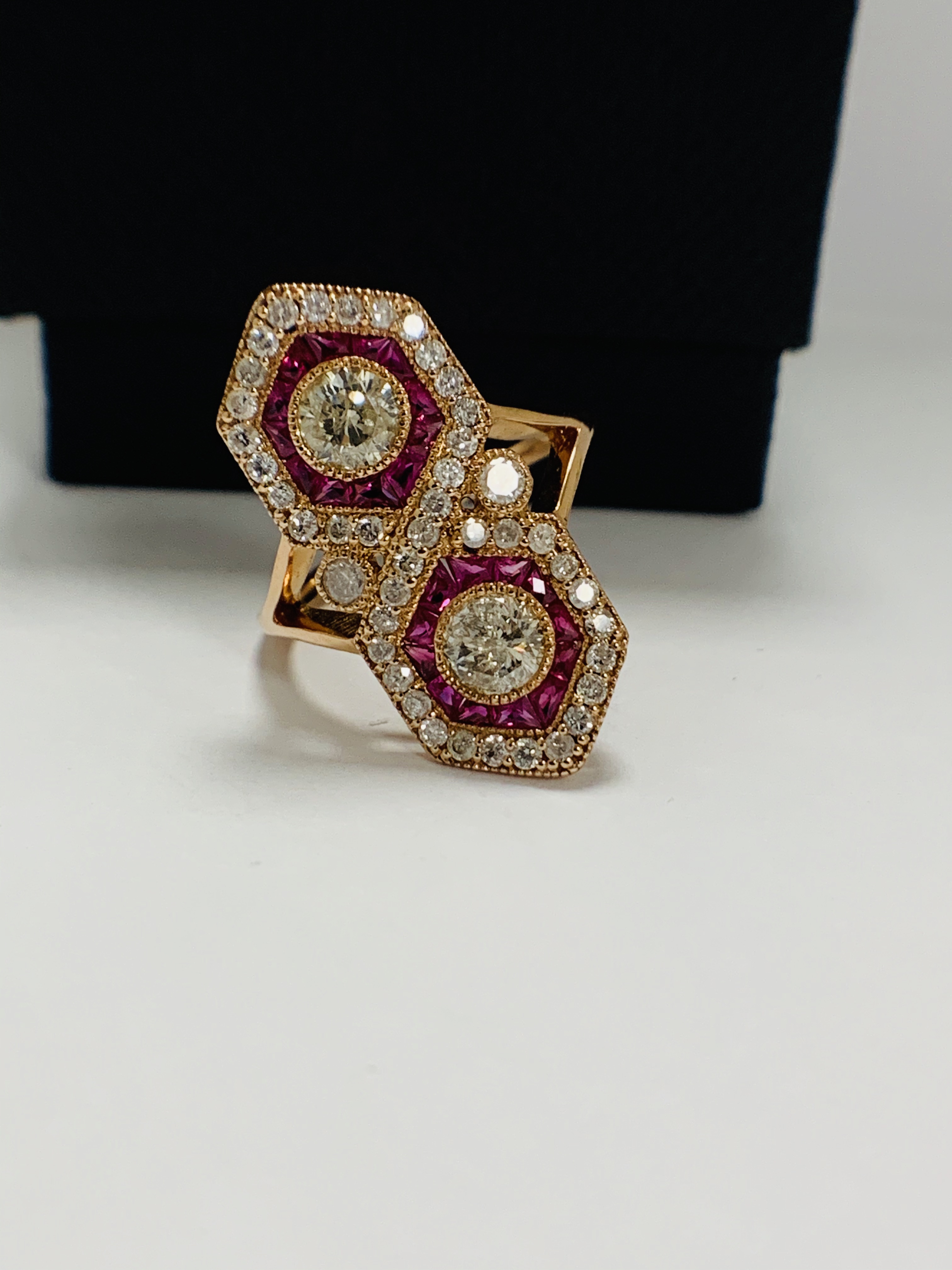 14ct Rose Gold Ruby and Diamond ring featuring centre, 2 round brilliant cut Diamonds (0.67ct), beze - Image 2 of 10