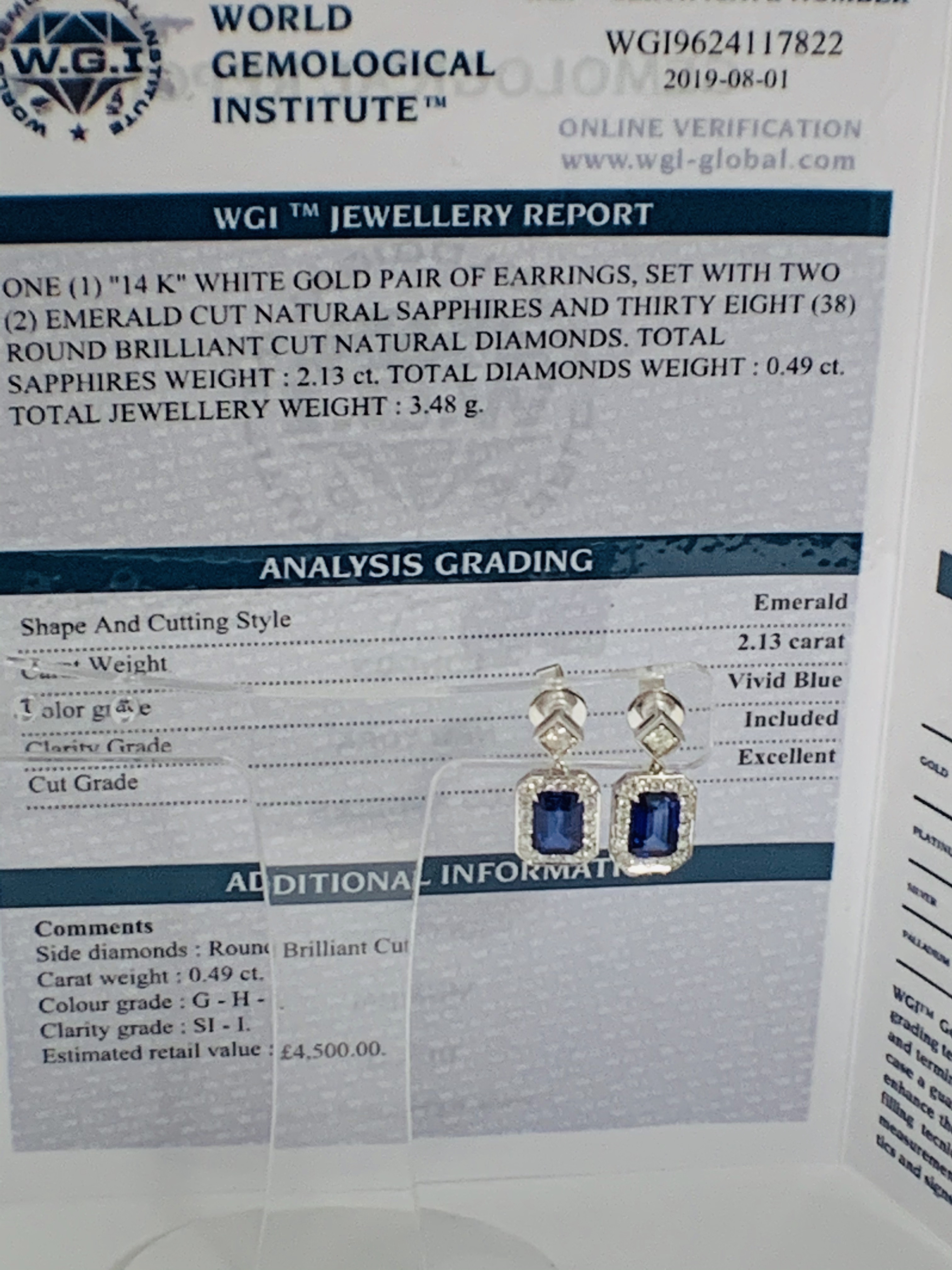 14ct White Gold Sapphire and Diamond drop earrings featuring, emerald cut, vivid blue Sapphires (2.1 - Image 10 of 15