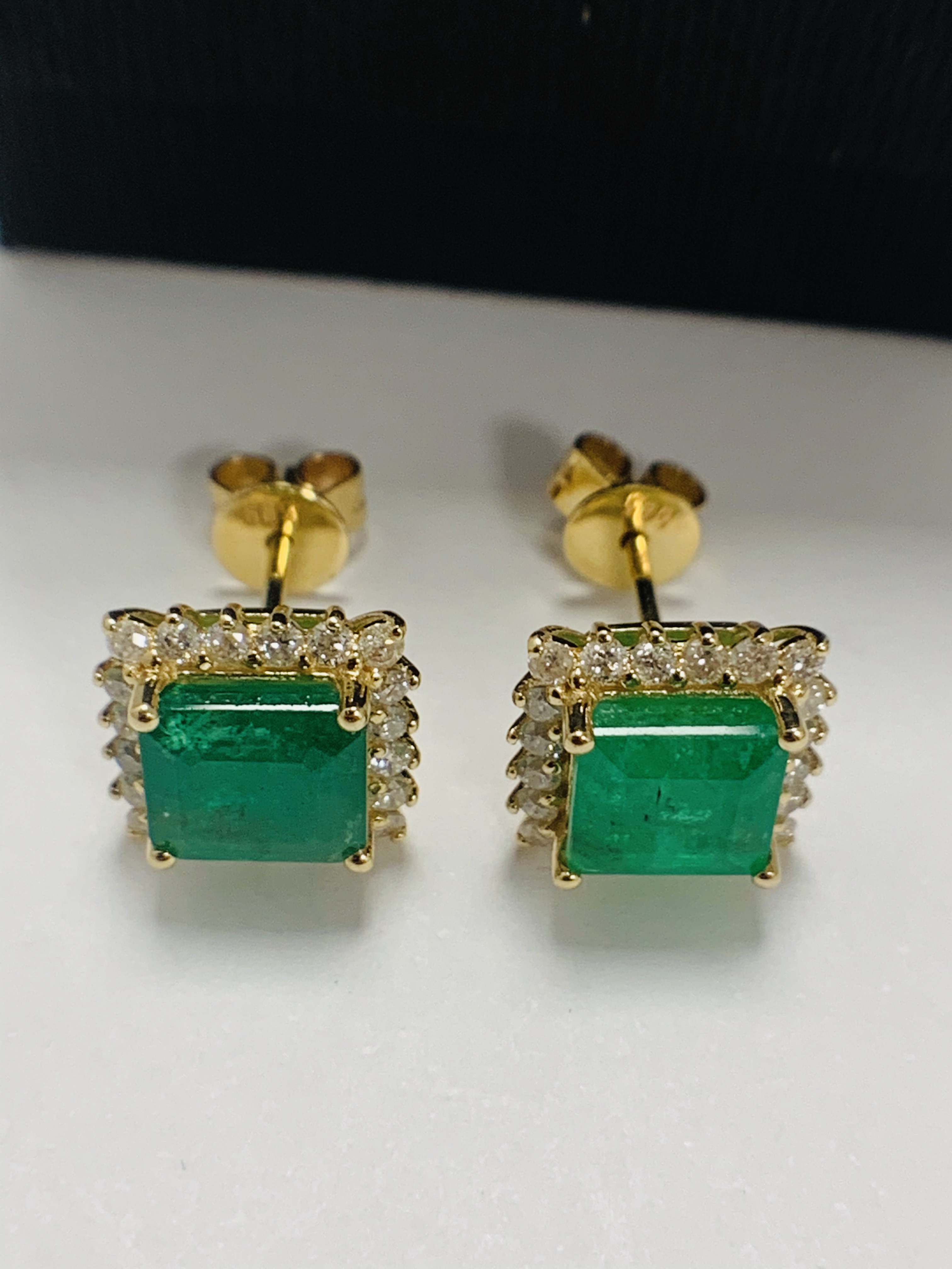 14ct Yellow Gold emerald and Diamond earrings featuring centre, 2 square cut Emeralds (3.51ct TSW), - Image 8 of 13