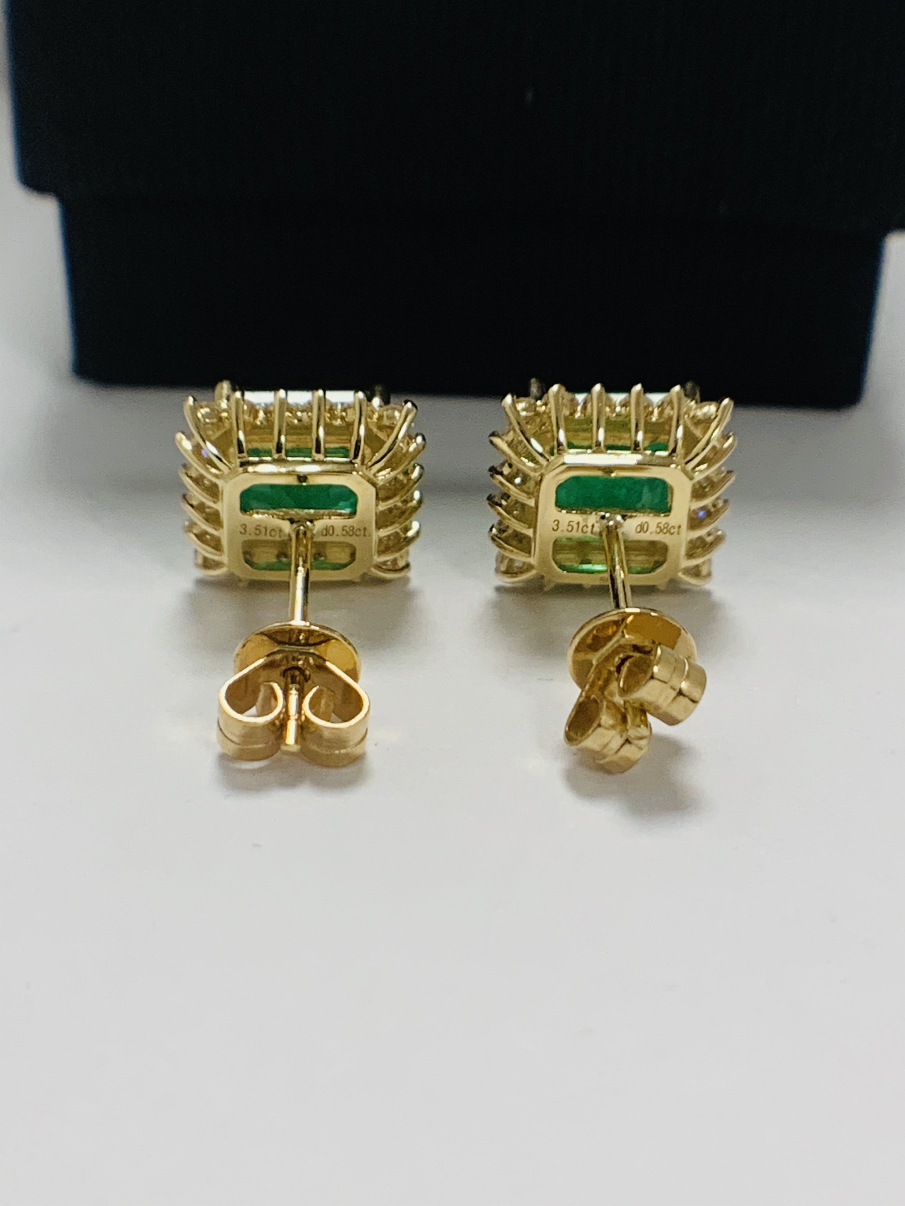 14ct Yellow Gold emerald and Diamond earrings featuring centre, 2 square cut Emeralds (3.51ct TSW), - Image 7 of 13