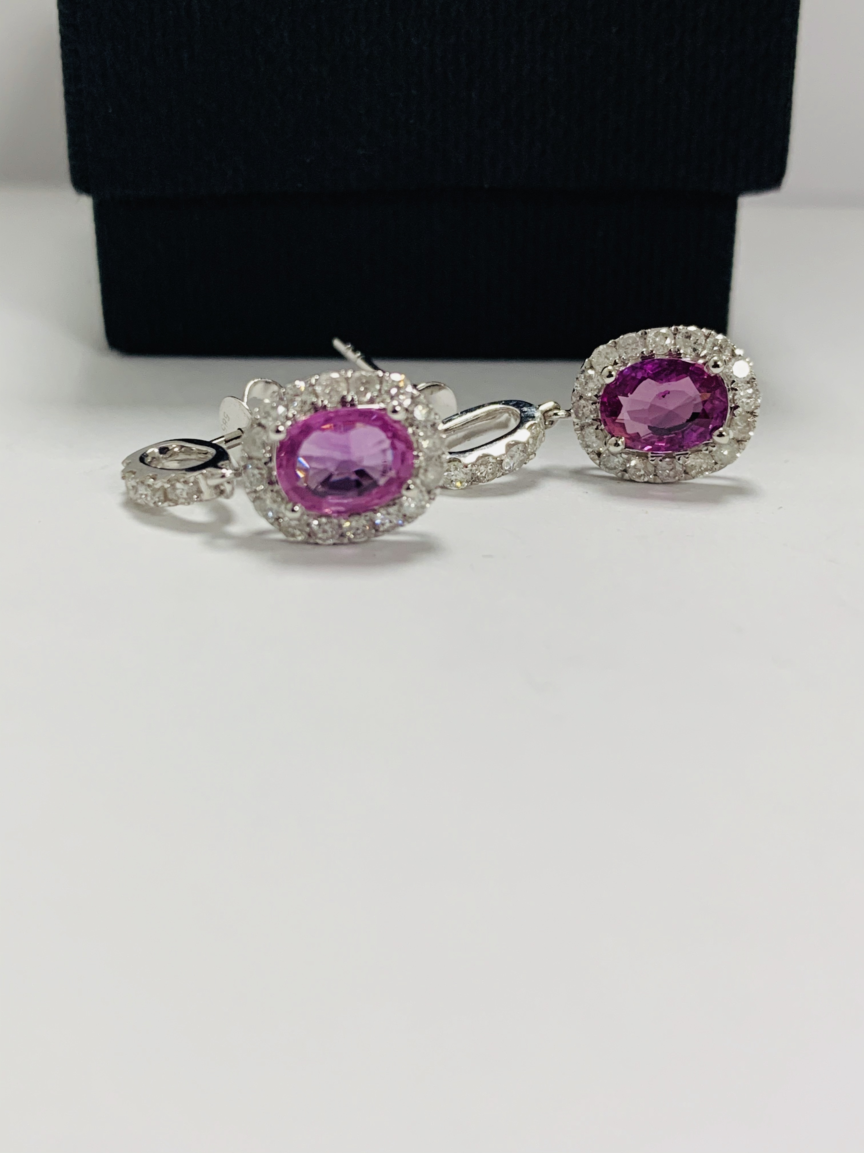 14ct White Gold Sapphire and Diamond drop earrings featuring, 2 oval cut, pink Sapphires (1.66ct TSW - Image 2 of 9