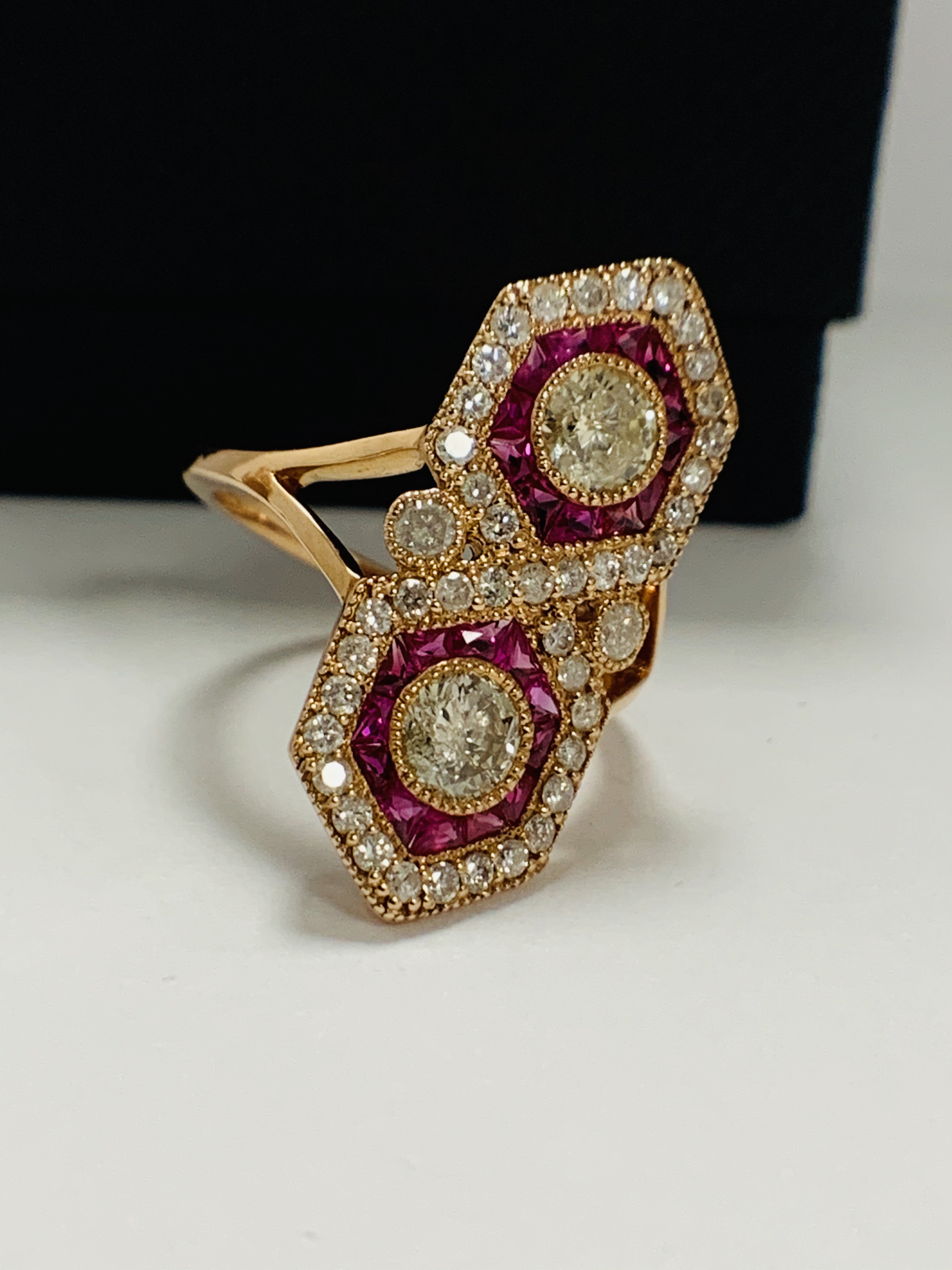 14ct Rose Gold Ruby and Diamond ring featuring centre, 2 round brilliant cut Diamonds (0.67ct), beze - Image 7 of 10