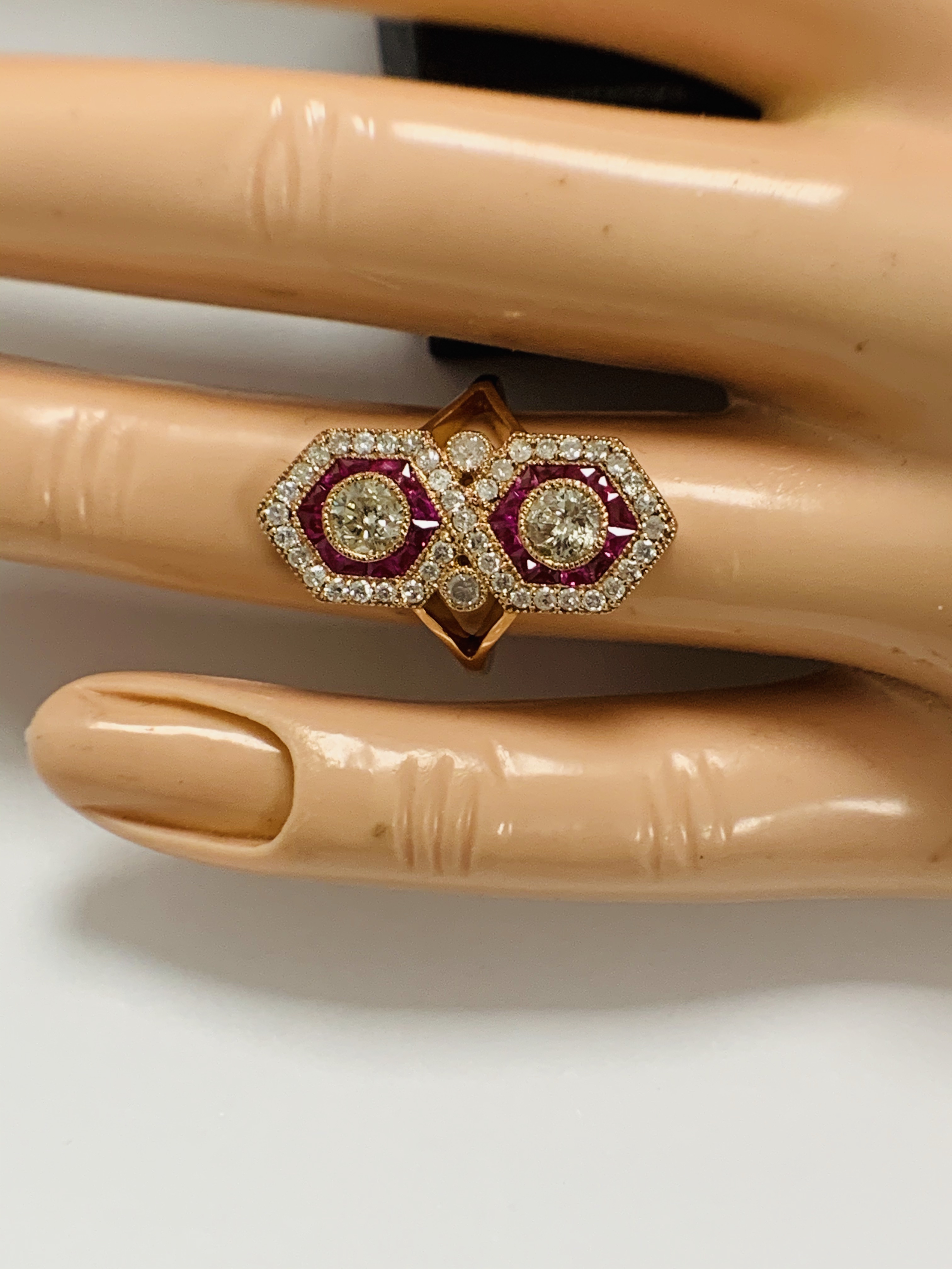 14ct Rose Gold Ruby and Diamond ring featuring centre, 2 round brilliant cut Diamonds (0.67ct), beze - Image 9 of 10