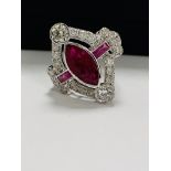 18ct White Gold Ruby and Diamond ring featuring centre, marquise cut, Natural Ruby (1.34ct), claaw s