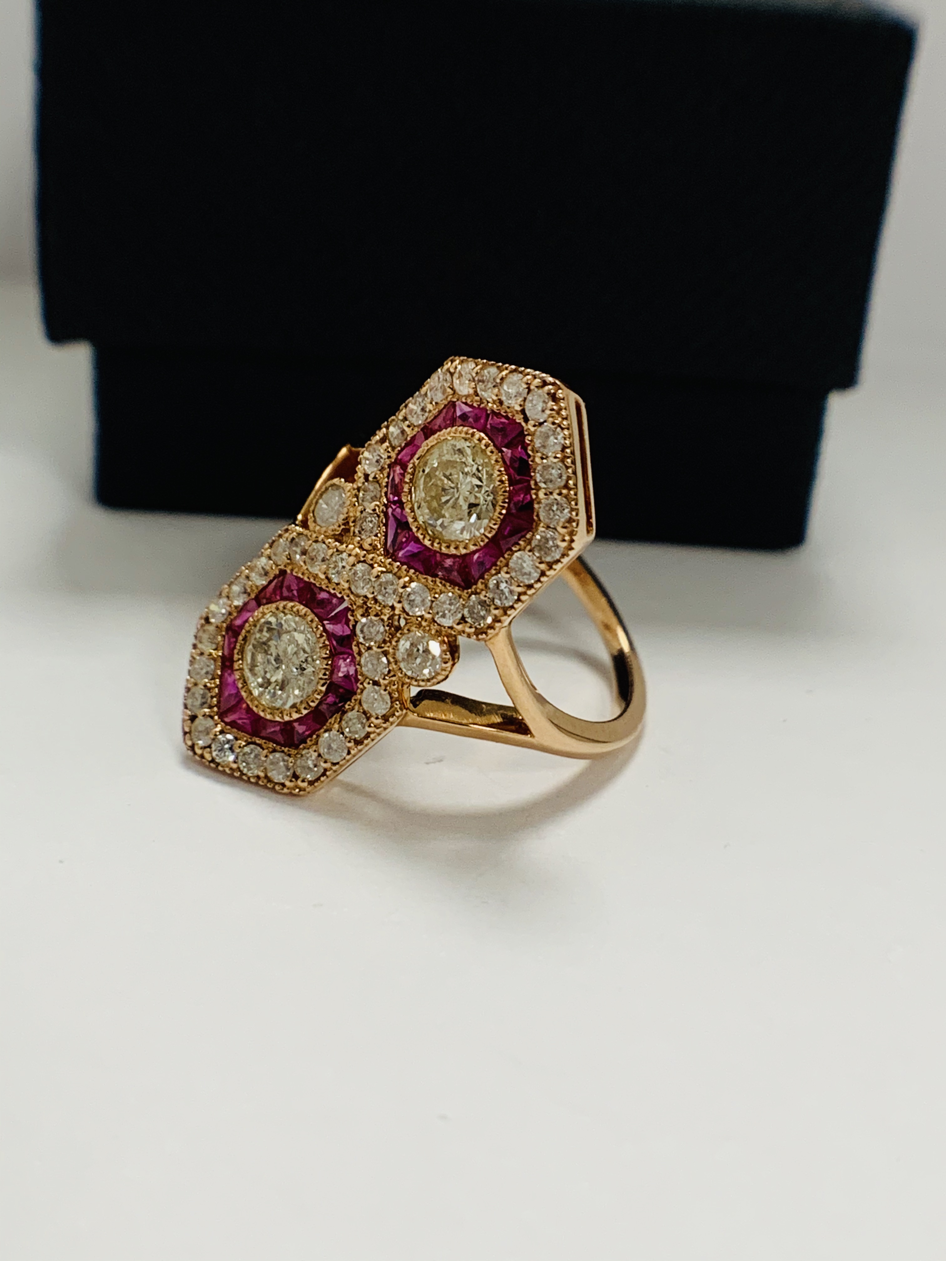 14ct Rose Gold Ruby and Diamond ring featuring centre, 2 round brilliant cut Diamonds (0.67ct), beze - Image 3 of 10