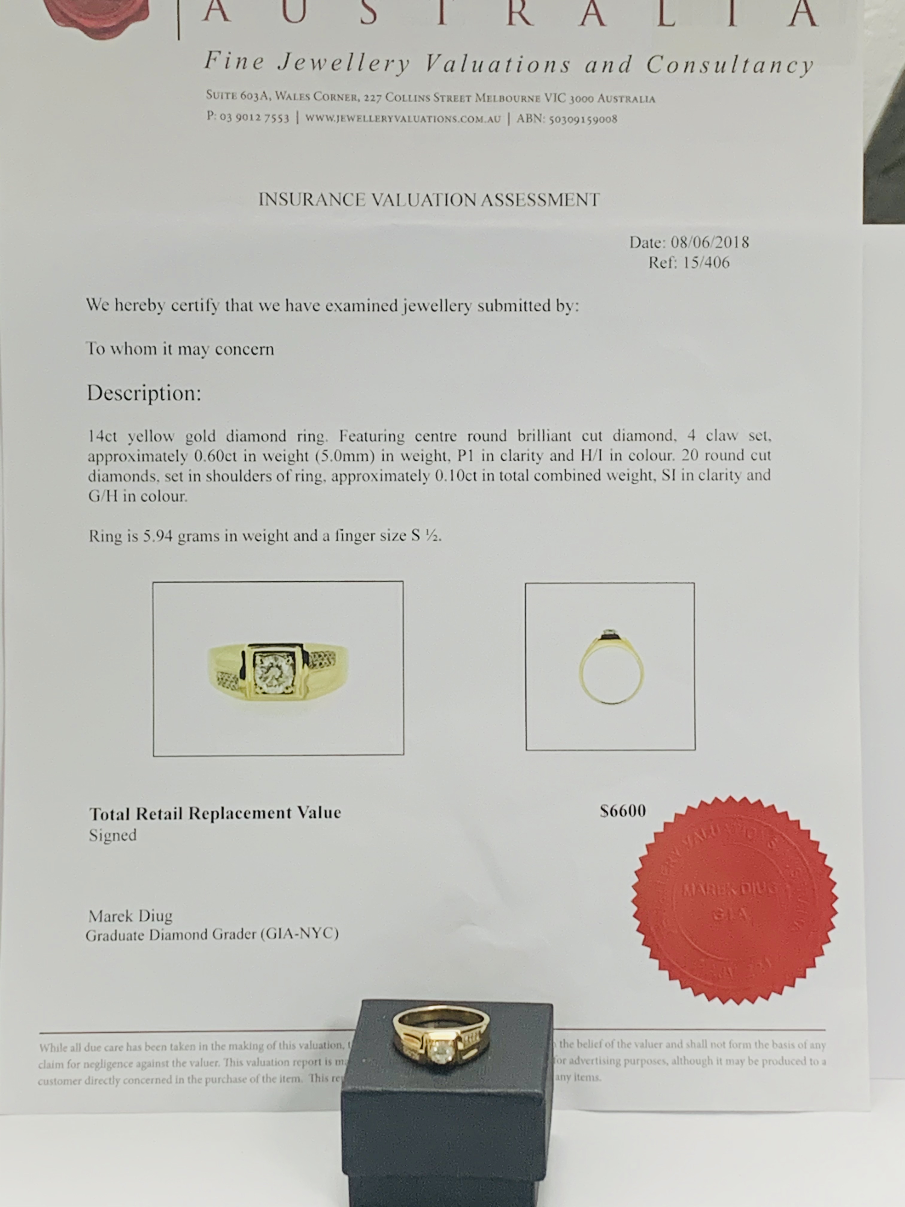 14ct Yellow Gold Diamond gents ring featuring centre, round brilliant cut Diamond (0.60ct), claw set - Image 10 of 10