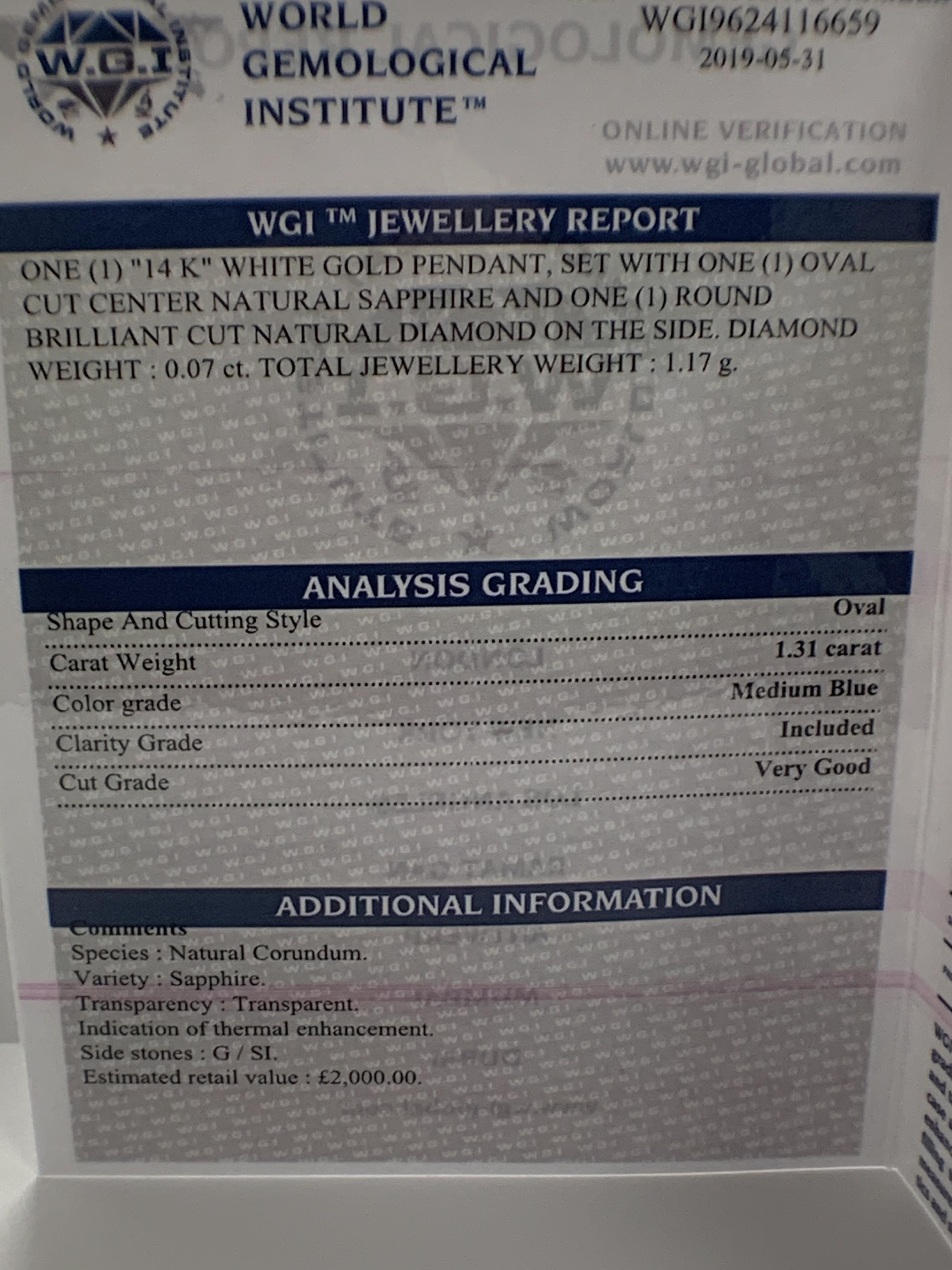 14ct White Gold Sapphire and Diamond pendant featuring oval cut, medium blue Sapphire (1.31ct), 4-cl - Image 8 of 9