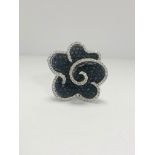 18ct White Gold Diamond flower design ring featuring 123 round cut, black Diamonds (2.25ct TBDW)