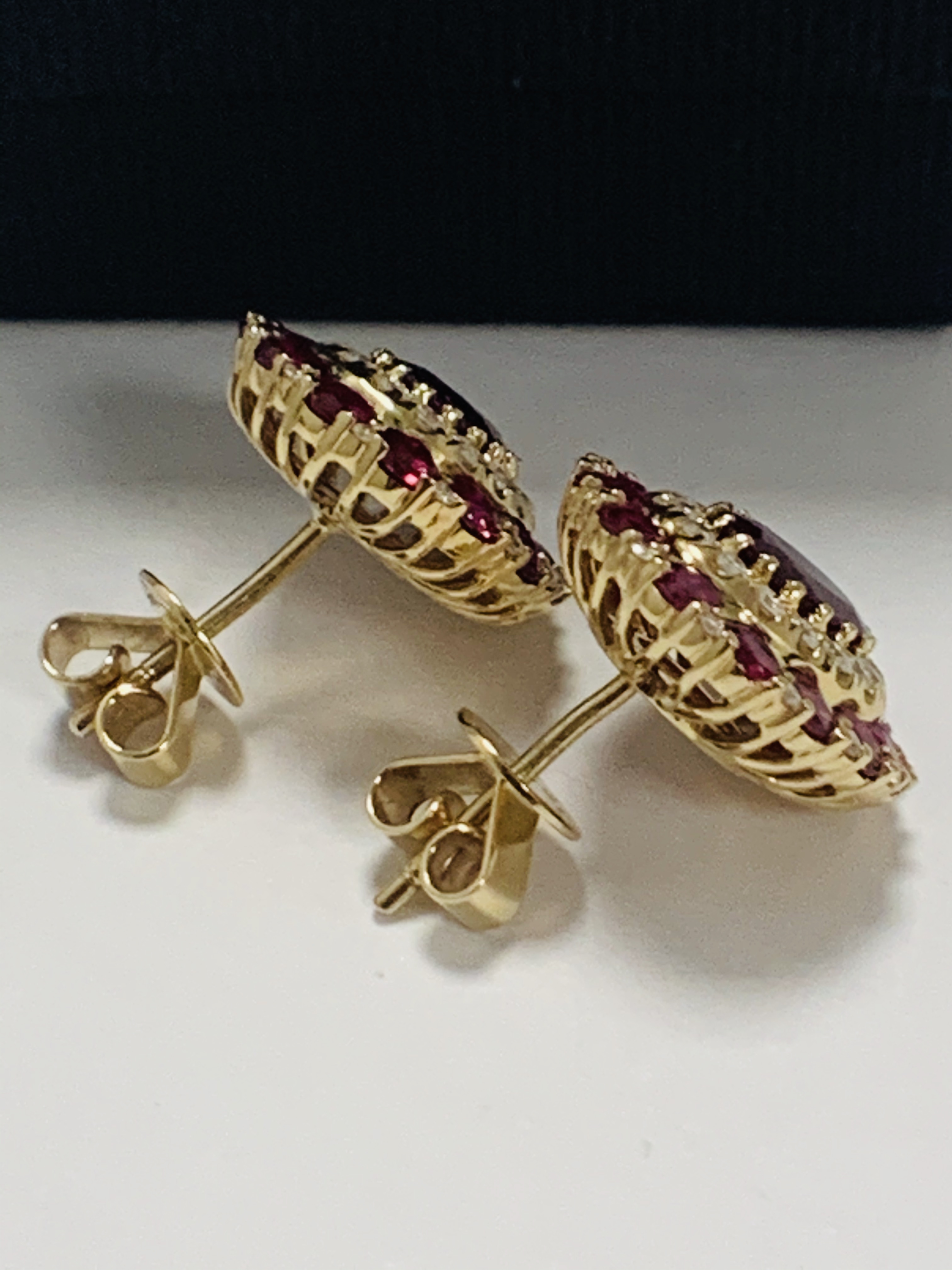 14ct Rose Gold Ruby and Diamond stud earrings featuring, 2 oval cut Rubies (1.47ct TSW), claw set, w - Image 5 of 12