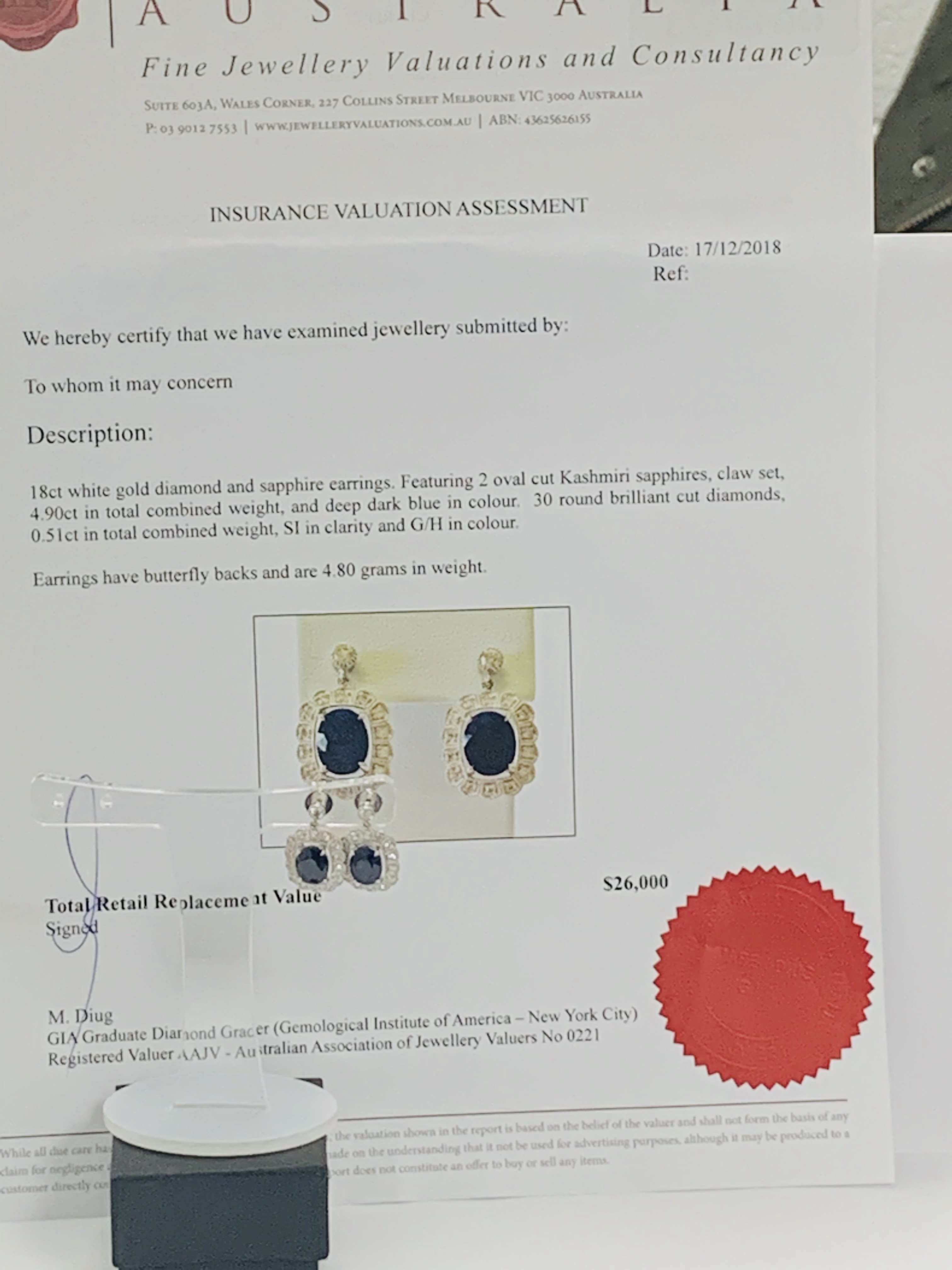 18ct White Gold Sapphire and Diamond earrings featiring, 2 oval cut, dark blue Kashmir Sapphires (4. - Image 11 of 12