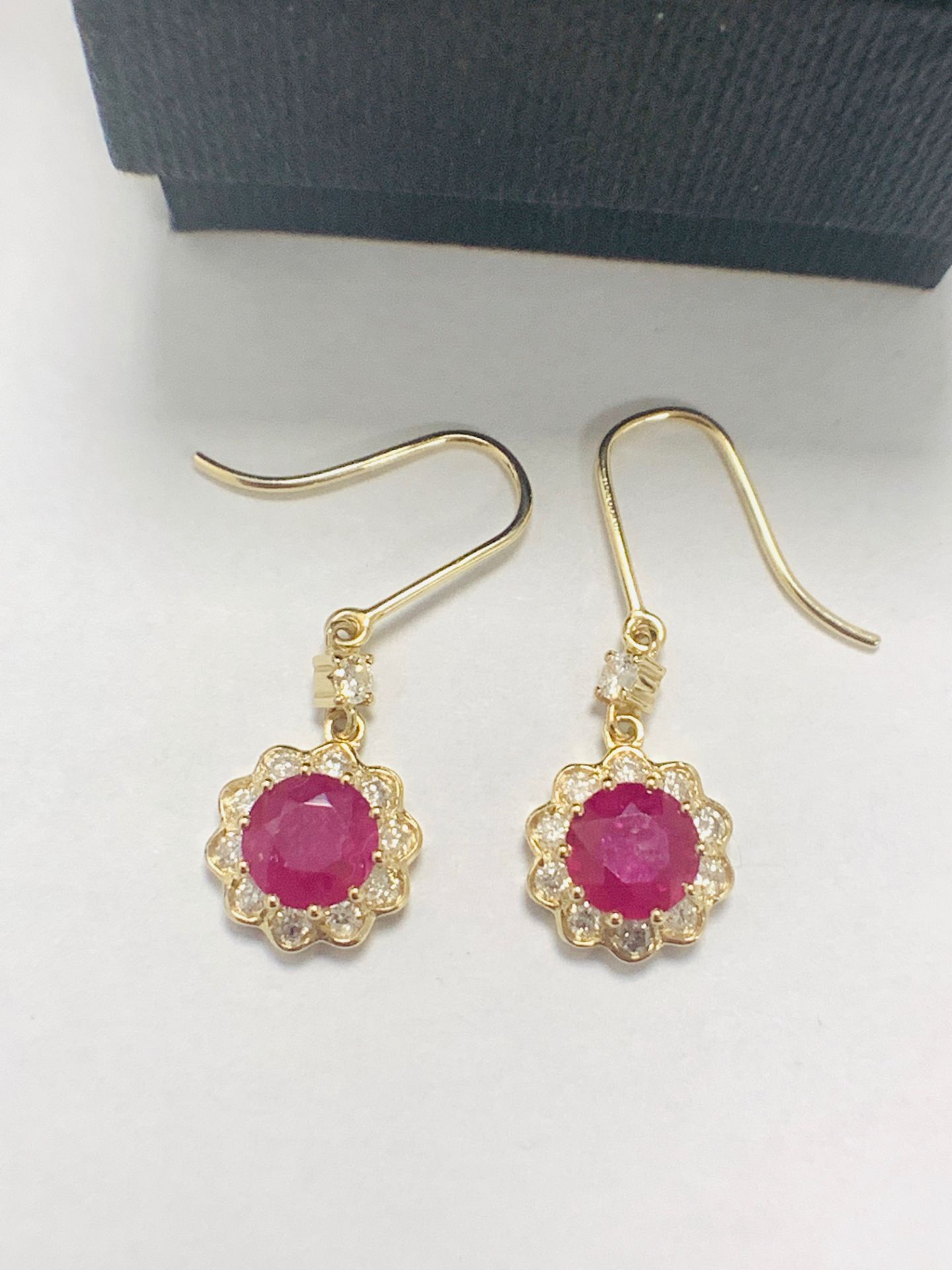 14ct Yellow Gold Ruby and Diamond earrings featuring, 2 round cut, red Rubies (2.22ct TSW) - Image 2 of 8