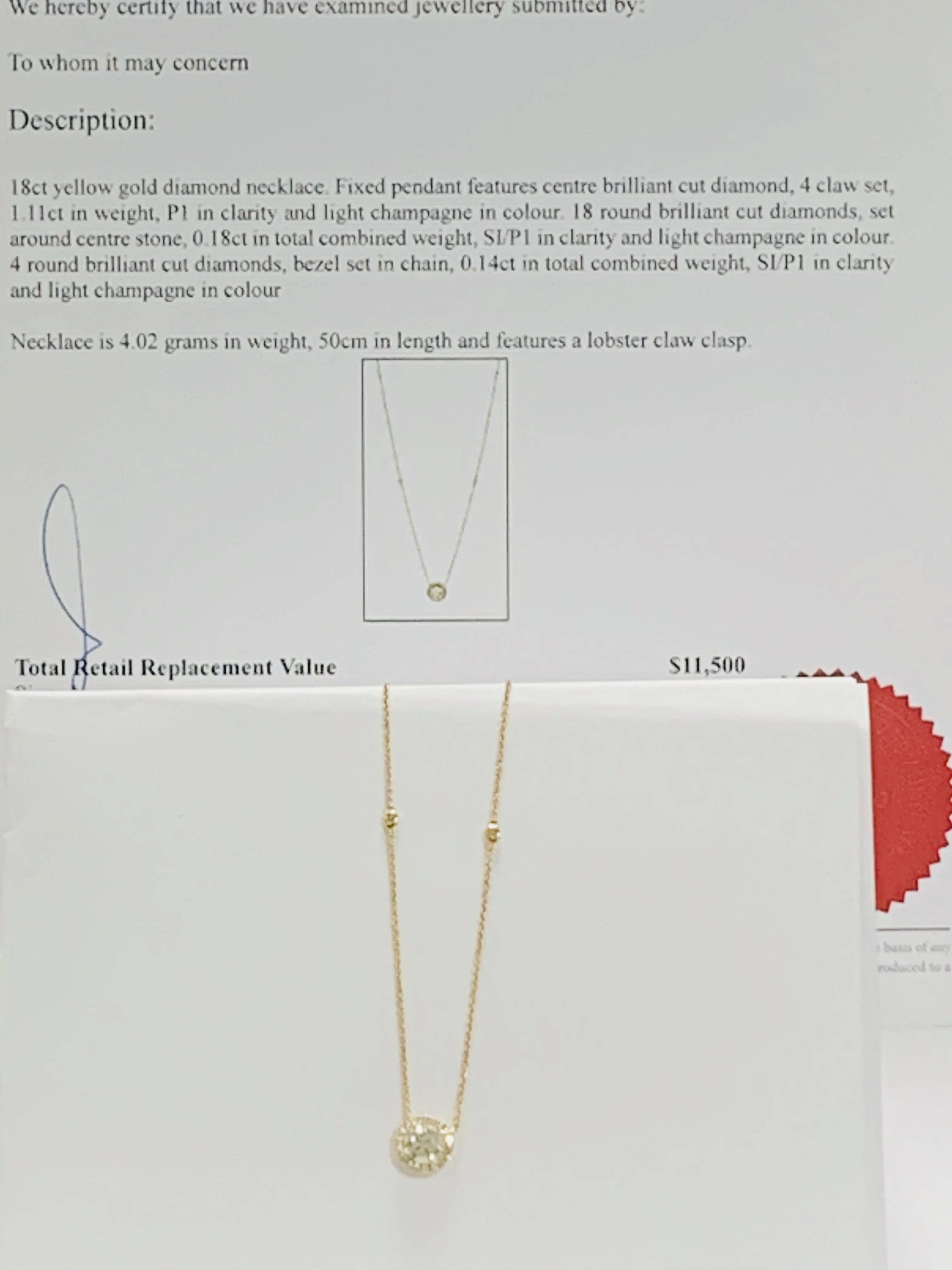 18ct Yellow Gold Diamond necklace featuring, round brilliant cut Diamond (1.11ct), claw set, with 18 - Image 8 of 9