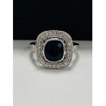 18ct White Gold Sapphire and Diamond ring featuring centre, cushion cut, natural Kashmir Sapphire (2