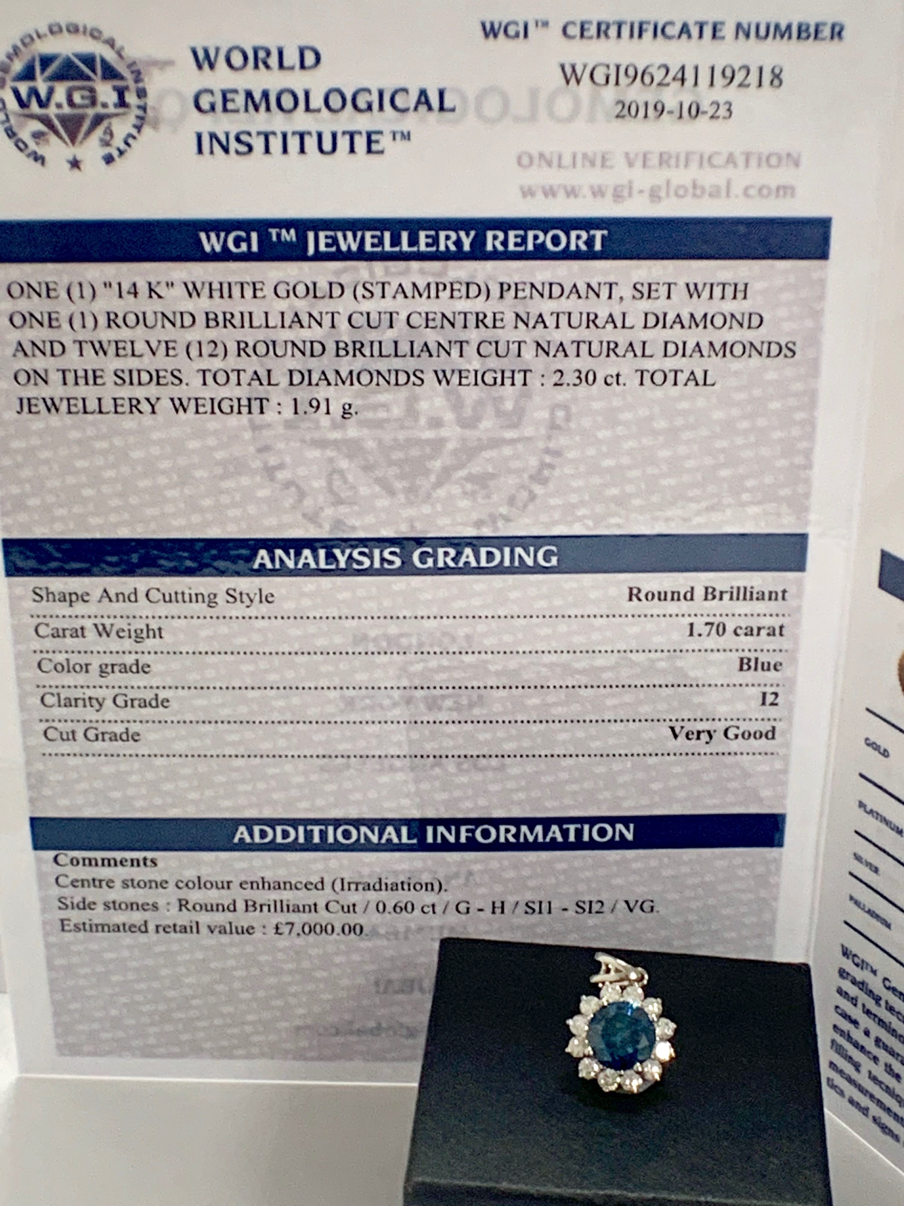 14ct White Gold Diamond pendant featuring centre, round brilliant cut, blue Diamond (1.70ct) - Image 8 of 9